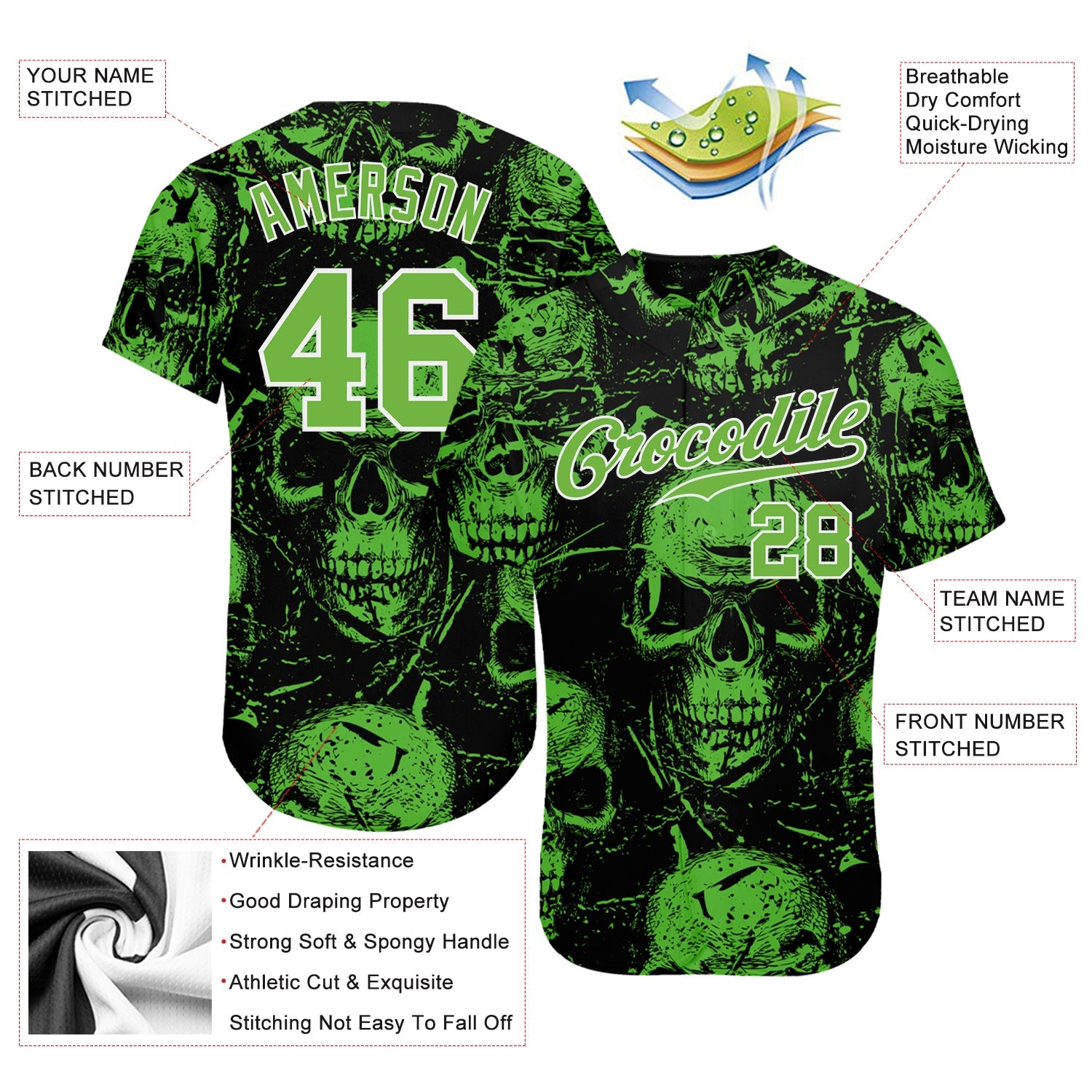 Custom 3D Pattern Halloween Skulls Authentic Baseball Jersey view 3