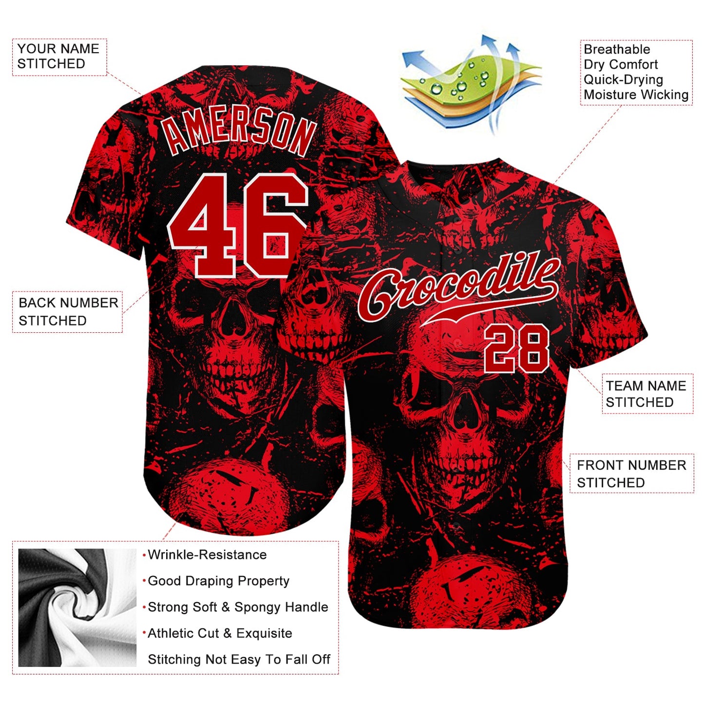 Custom 3D Pattern Halloween Skulls Authentic Baseball Jersey view 3