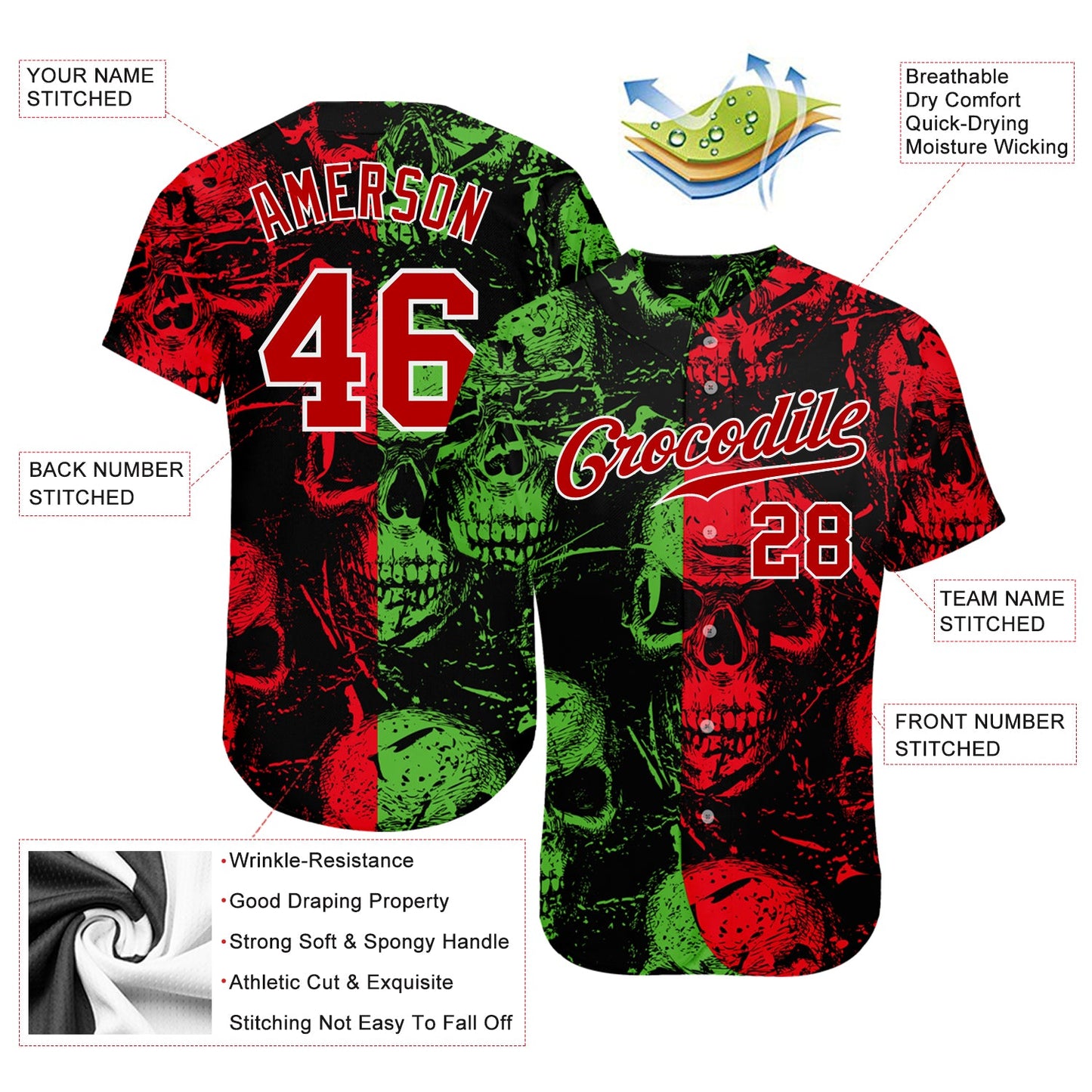 Custom 3D Pattern Halloween Skulls Authentic Baseball Jersey view 3