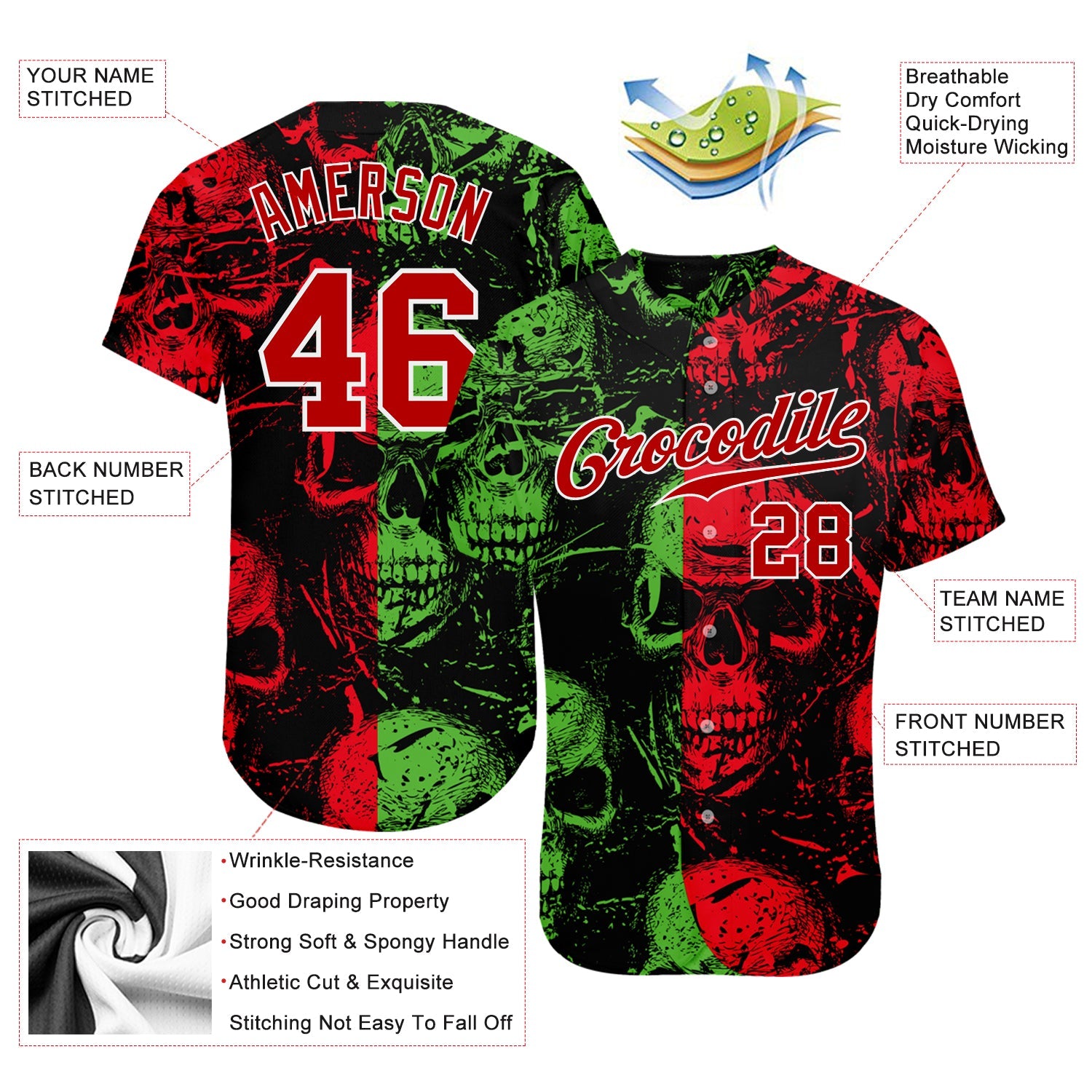 Custom 3D Pattern Halloween Skulls Authentic Baseball Jersey view 3