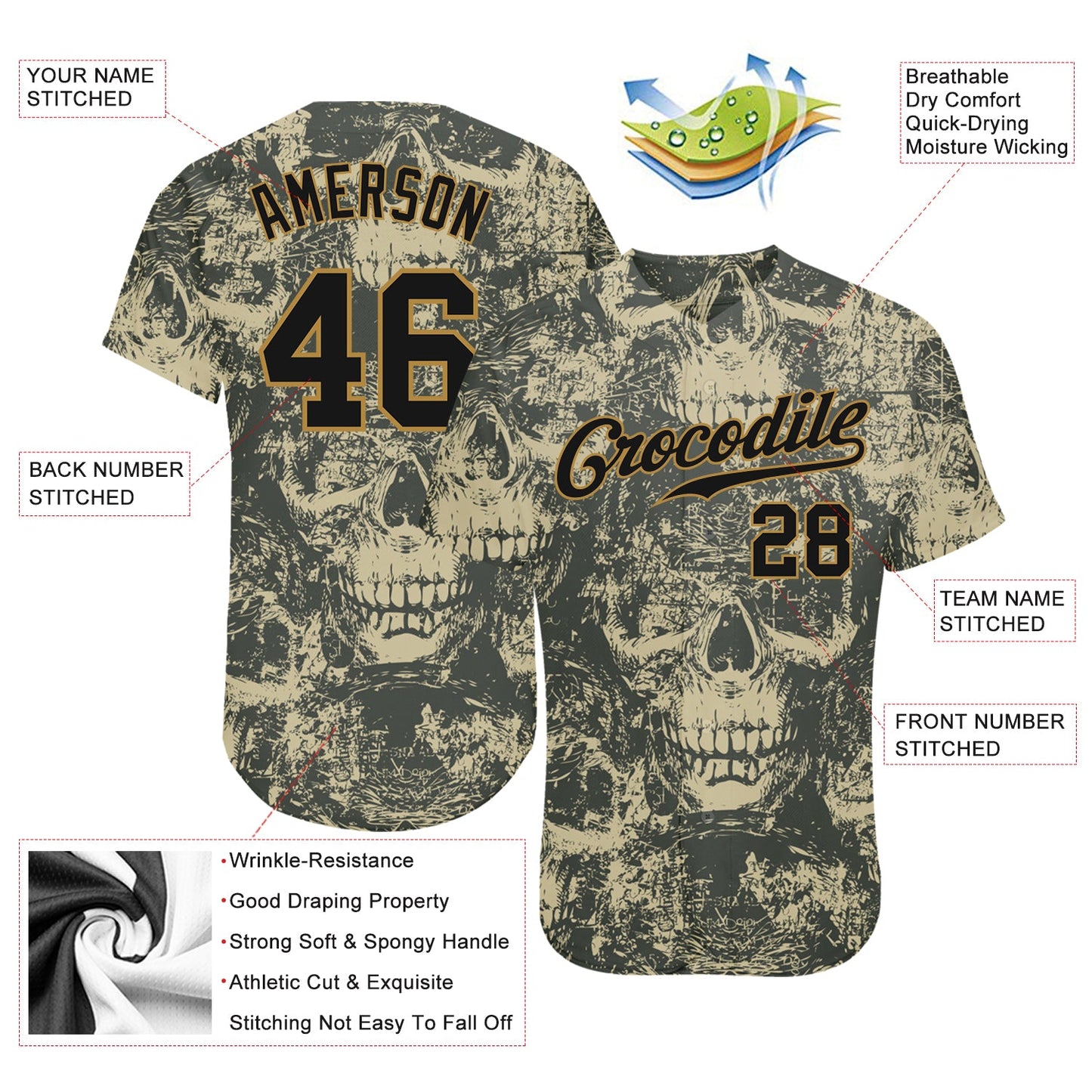 Custom 3D Pattern Halloween Skulls Authentic Baseball Jersey view 3