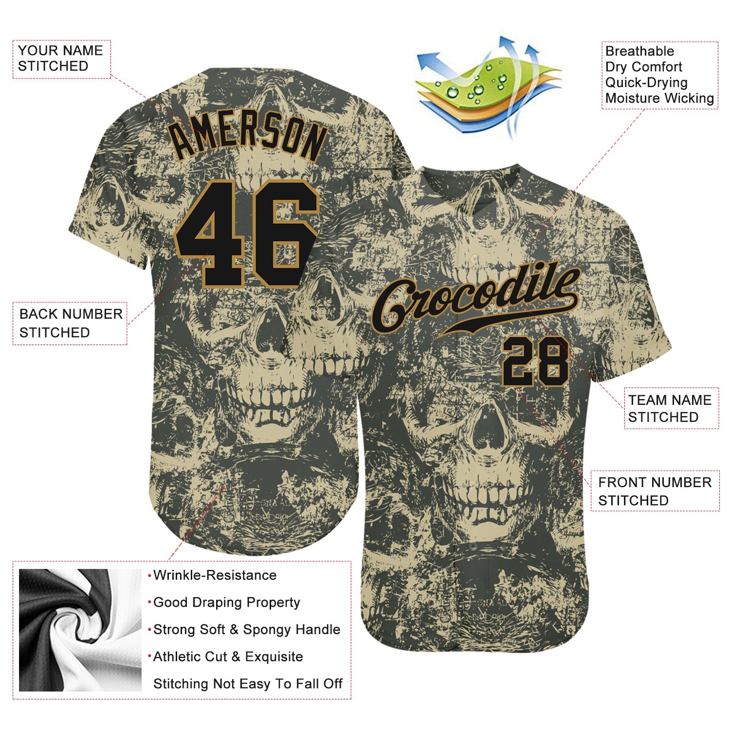 Custom 3D Pattern Halloween Skulls Authentic Baseball Jersey view 3