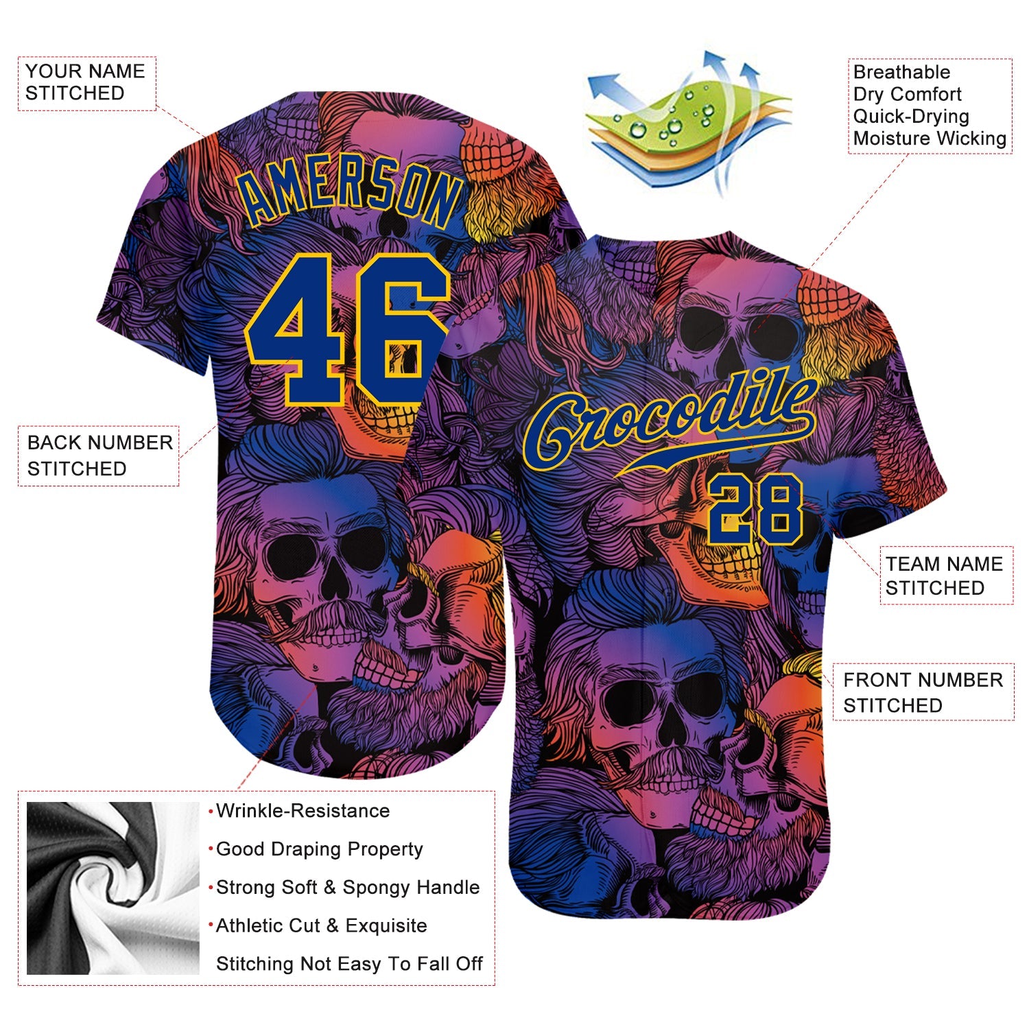 Custom 3D Pattern Halloween Skulls Authentic Baseball Jersey view 3