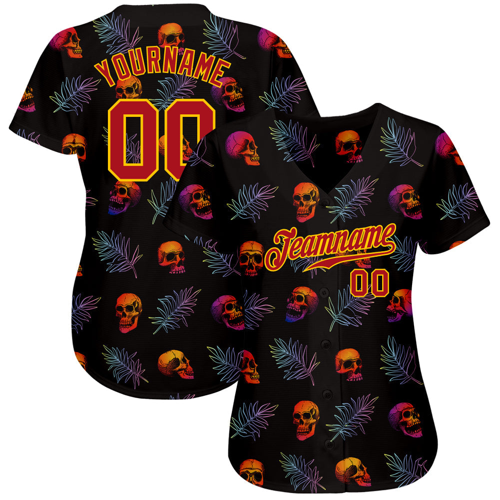 Custom 3D Pattern Halloween Skulls And Palm Leaves Authentic Baseball Jersey view 2