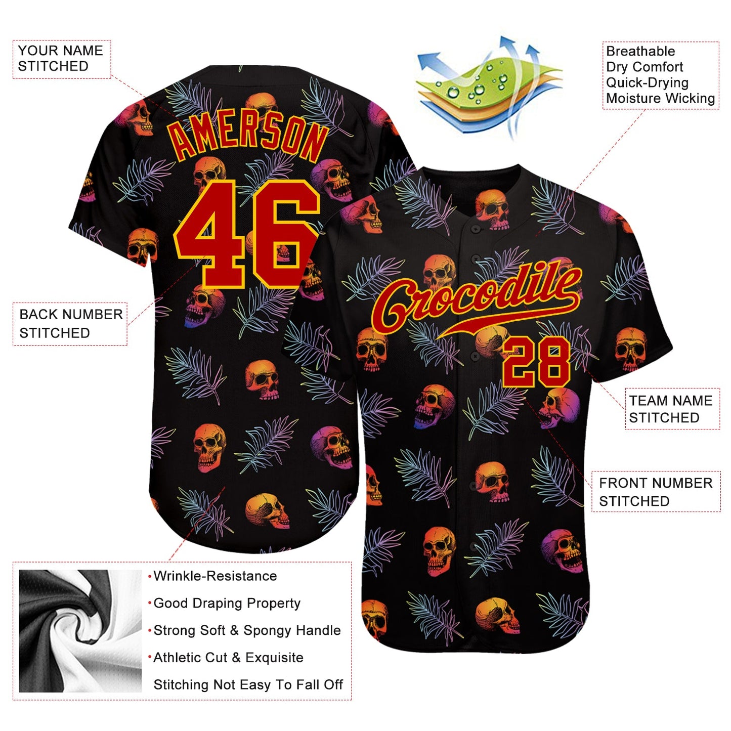 Custom 3D Pattern Halloween Skulls And Palm Leaves Authentic Baseball Jersey view 3