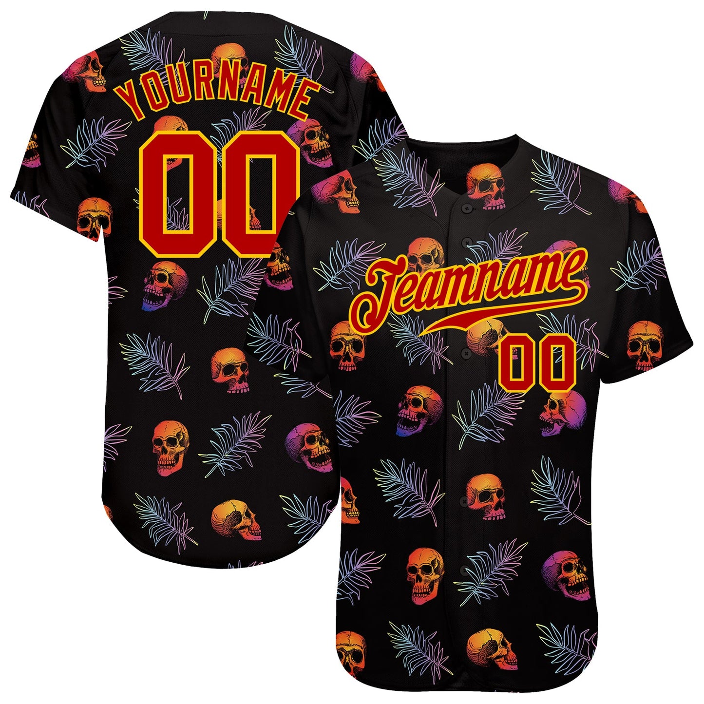 Custom 3D Pattern Halloween Skulls And Palm Leaves Authentic Baseball Jersey - Main View