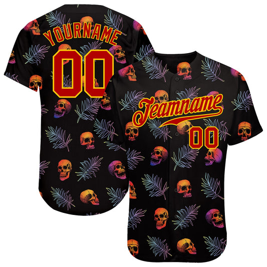 Custom 3D Pattern Halloween Skulls And Palm Leaves Authentic Baseball Jersey - Main View