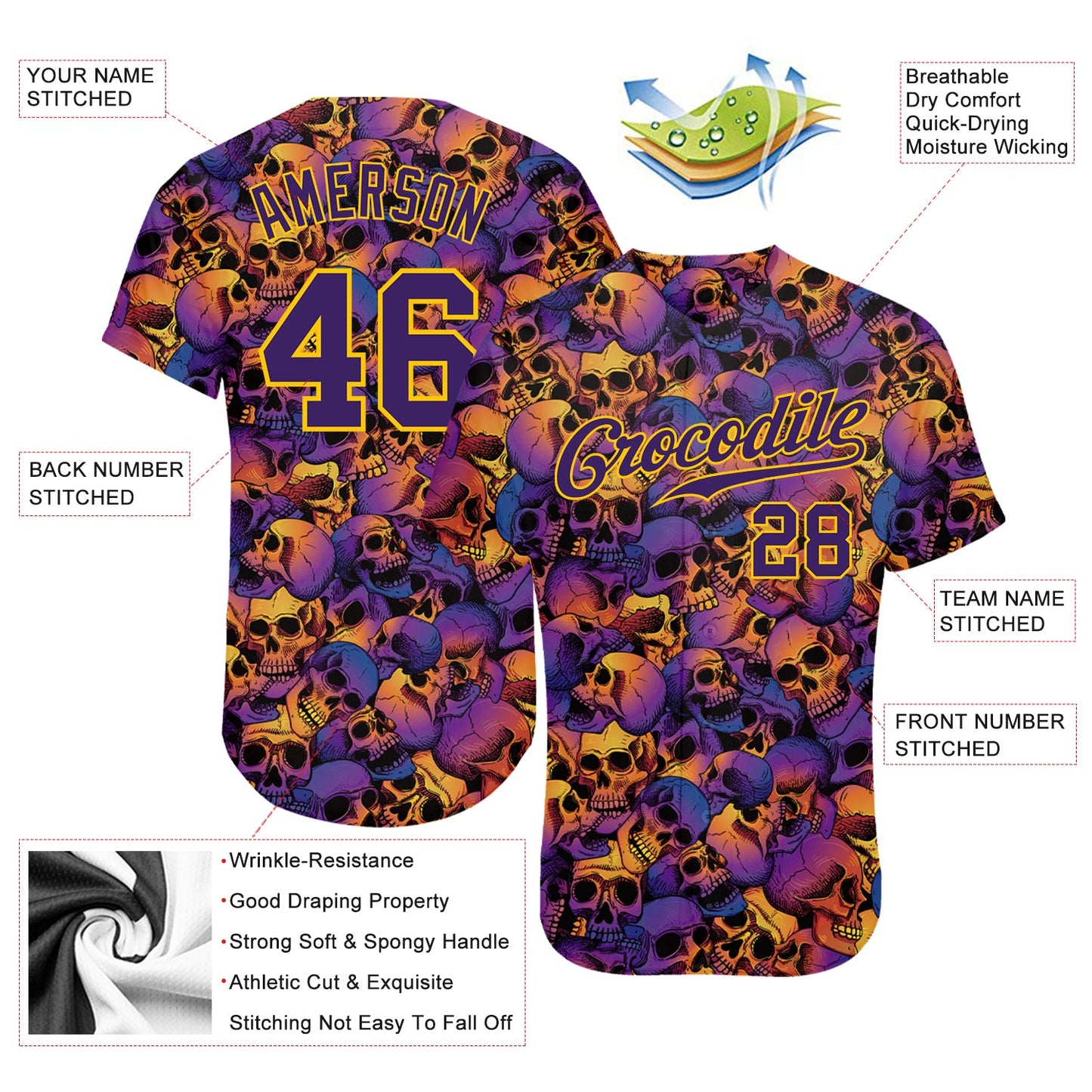 Custom 3D Pattern Halloween Skulls Authentic Baseball Jersey view 3