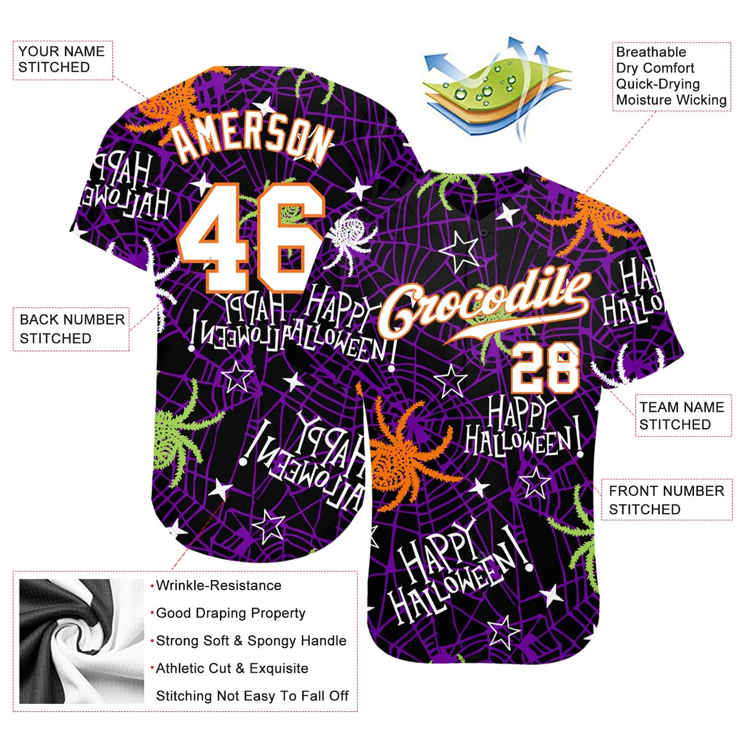 Custom 3D Pattern Happy Halloween Spiders Authentic Baseball Jersey view 3