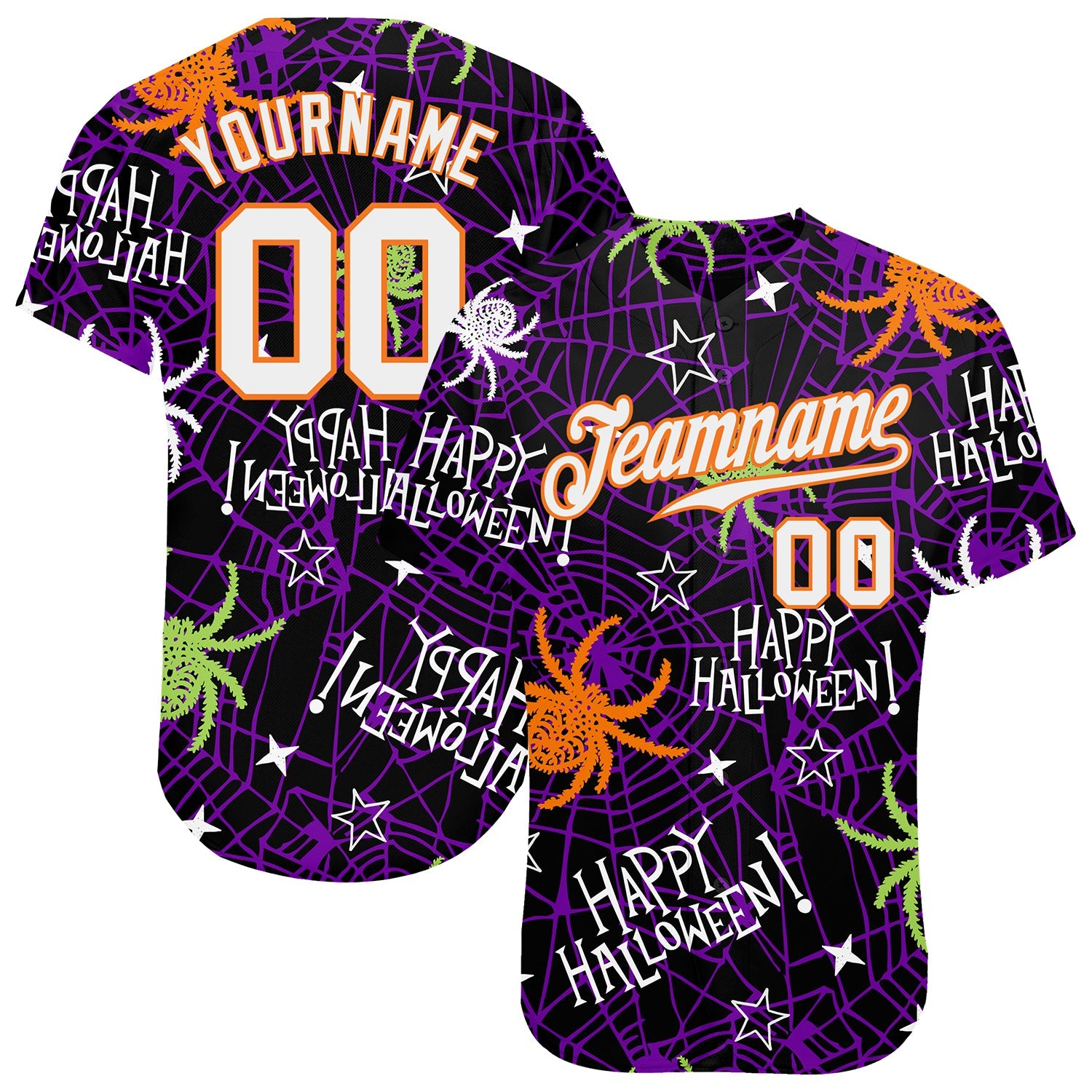 Custom 3D Pattern Happy Halloween Spiders Authentic Baseball Jersey - Main View