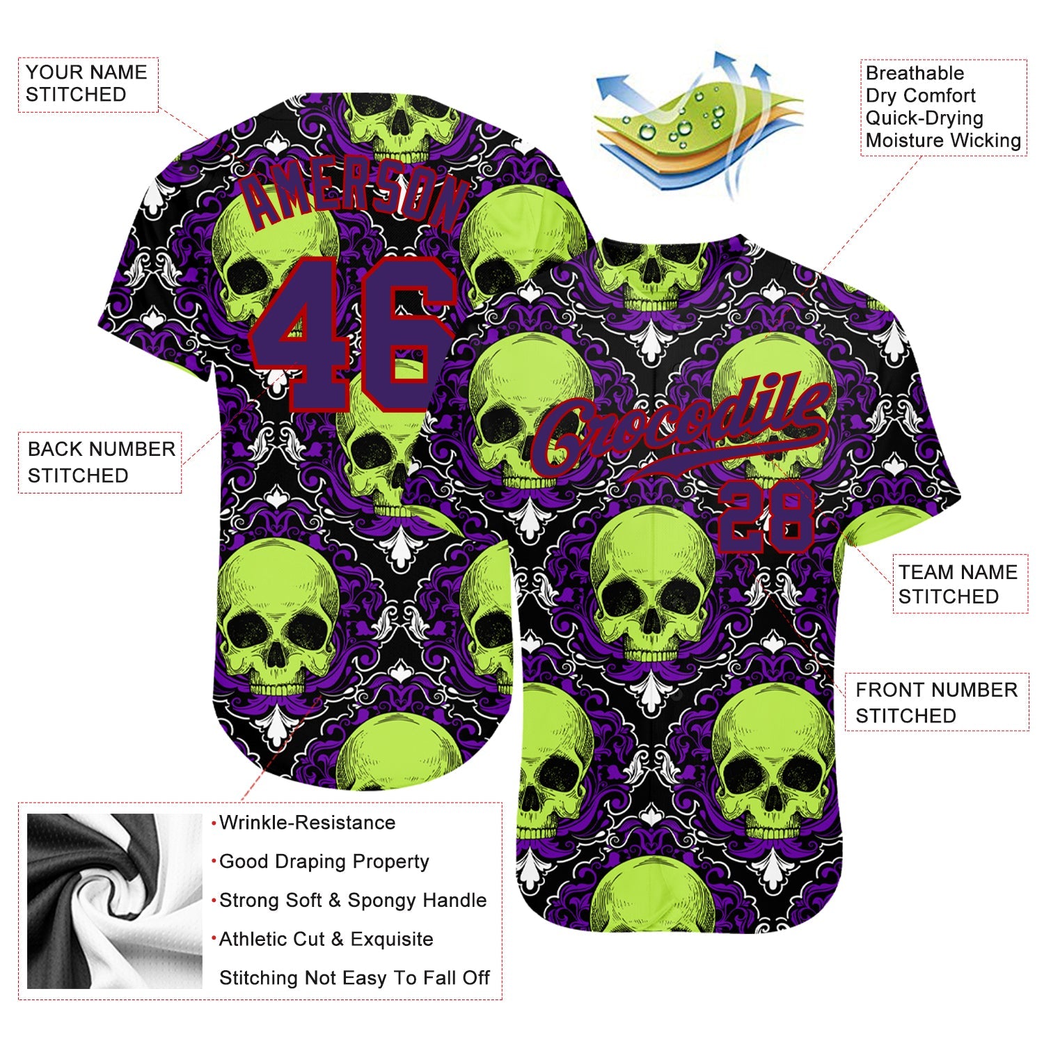 Custom 3D Pattern Halloween Skulls Authentic Baseball Jersey view 3
