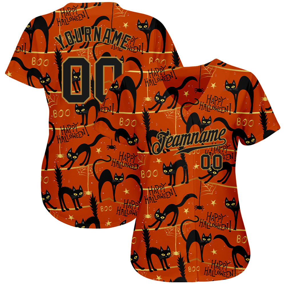 Custom 3D Pattern Happy Halloween Black Cats Spiders Authentic Baseball Jersey view 2