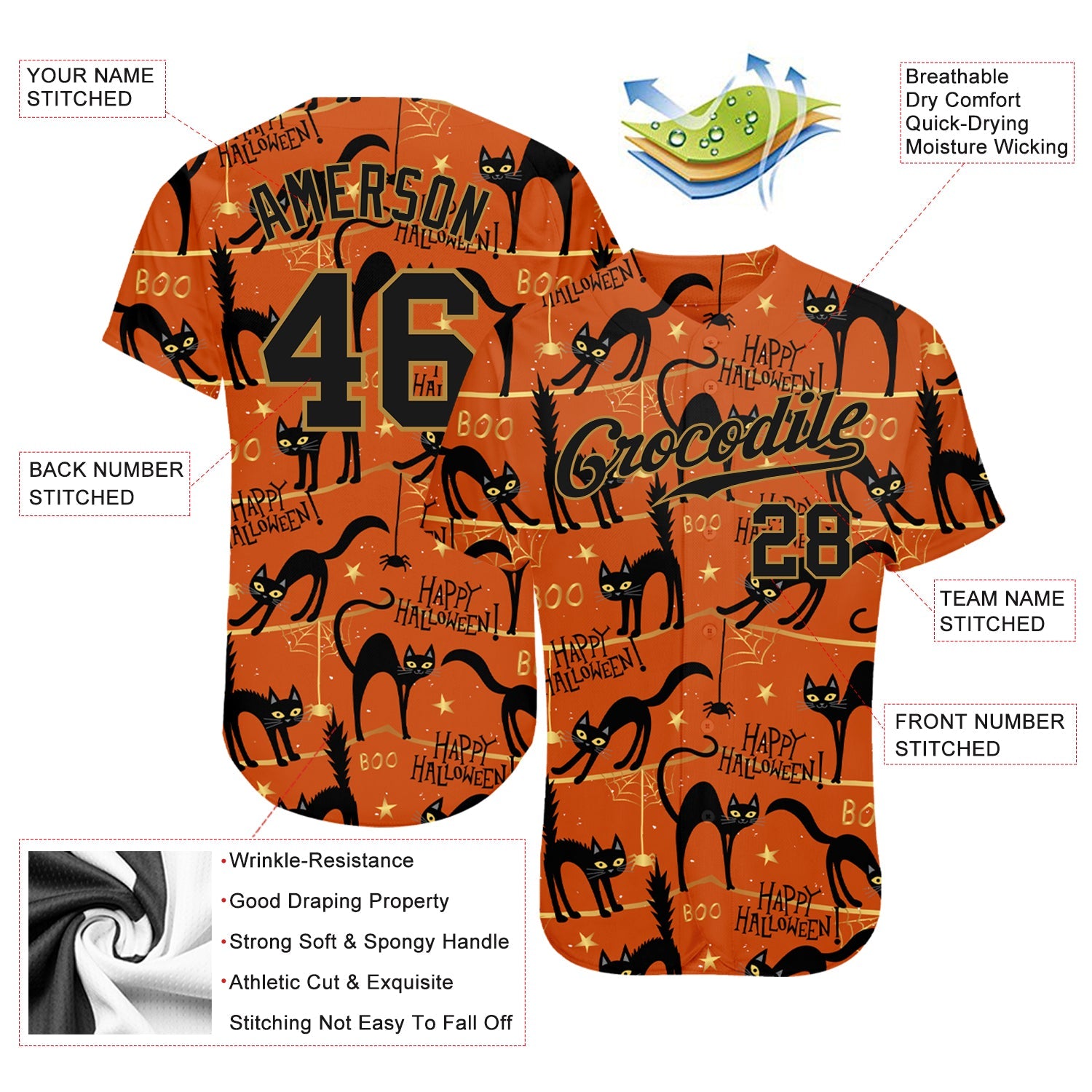Custom 3D Pattern Happy Halloween Black Cats Spiders Authentic Baseball Jersey view 3