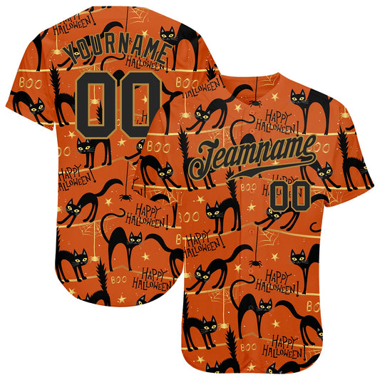 Custom 3D Pattern Happy Halloween Black Cats Spiders Authentic Baseball Jersey - Main View