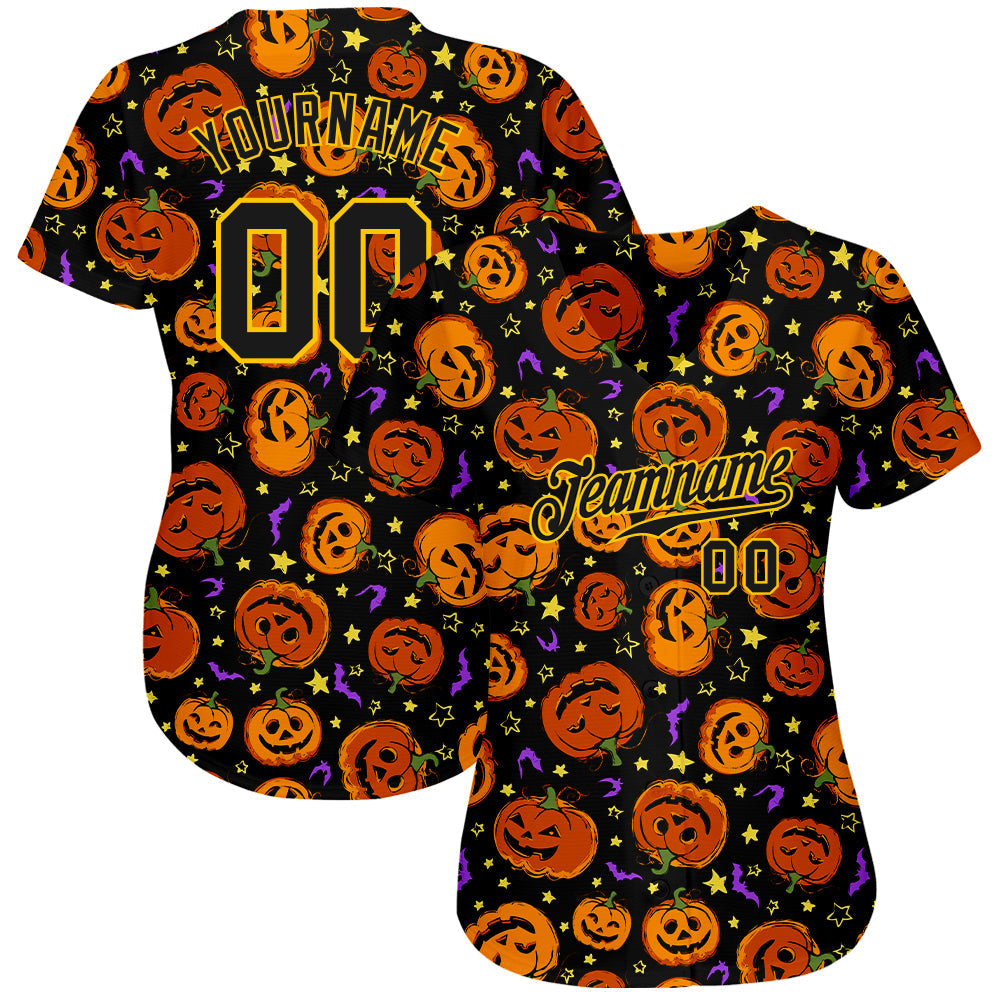 Custom 3D Pattern Halloween Pumpkins Bats Stars Authentic Baseball Jersey view 3