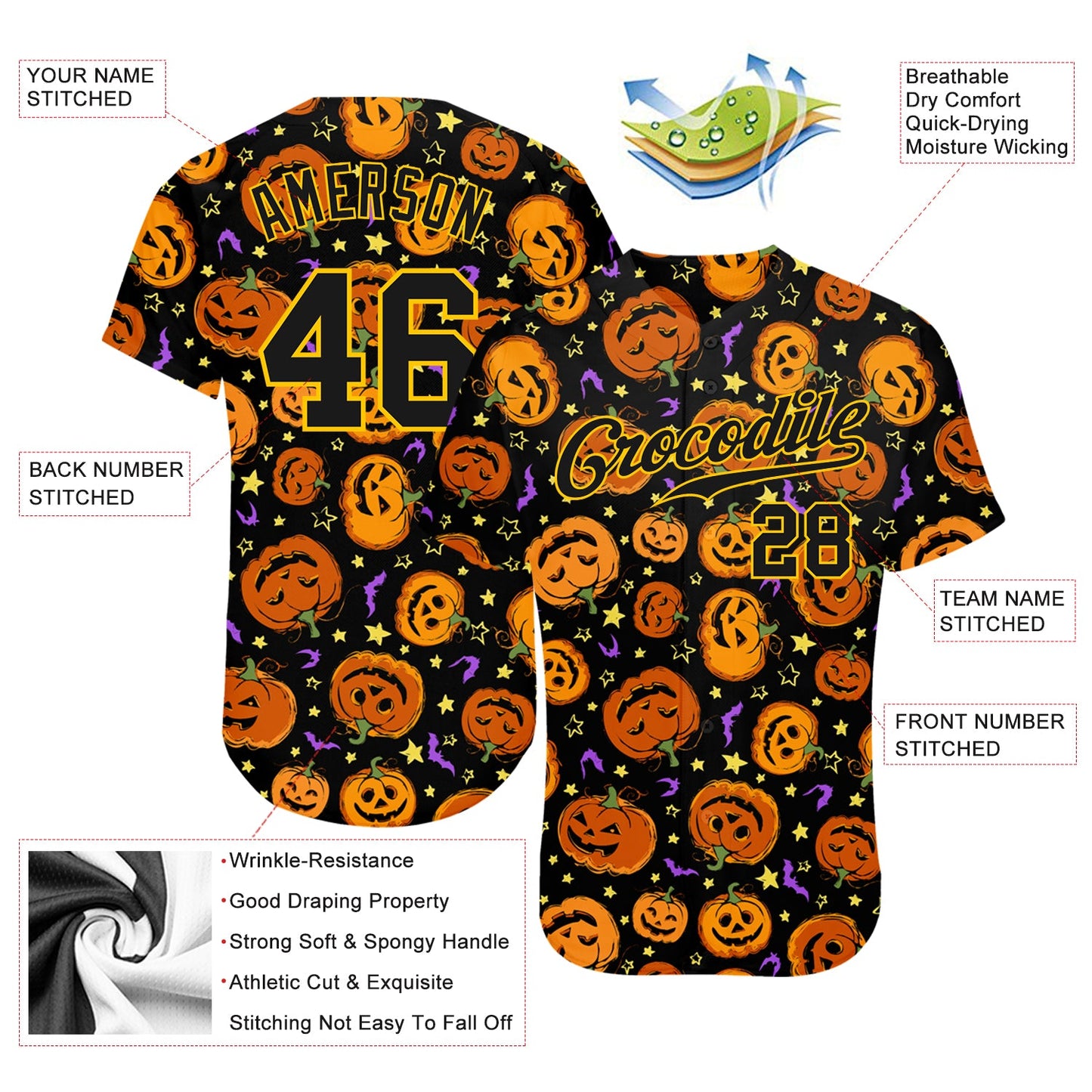Custom 3D Pattern Halloween Pumpkins Bats Stars Authentic Baseball Jersey view 4
