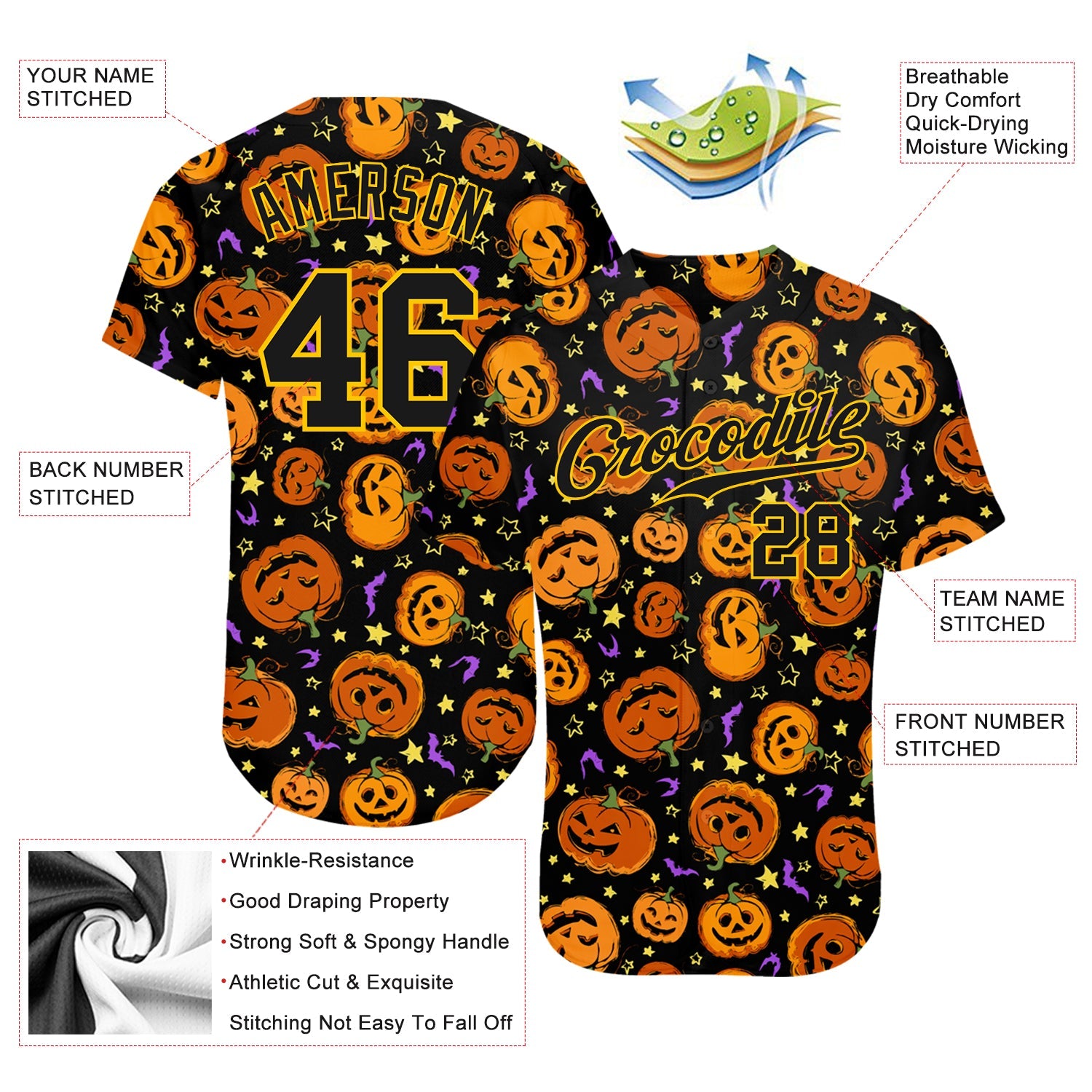 Custom 3D Pattern Halloween Pumpkins Bats Stars Authentic Baseball Jersey view 4