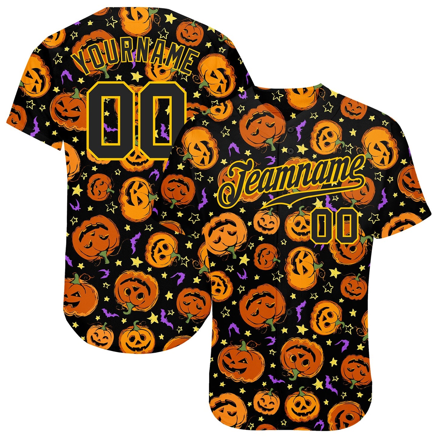Custom 3D Pattern Halloween Pumpkins Bats Stars Authentic Baseball Jersey - Main View