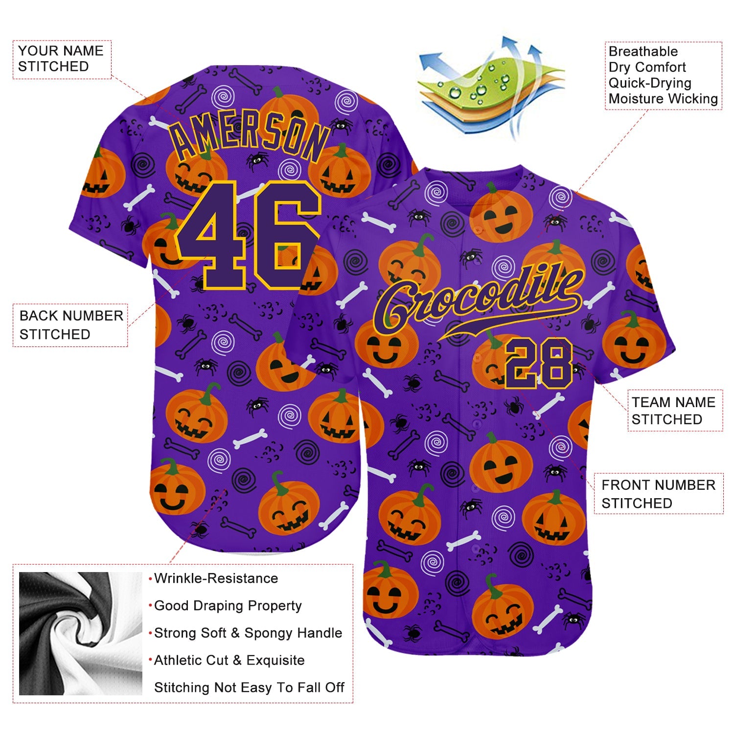 Custom 3D Pattern Halloween Pumpkins Authentic Baseball Jersey view 3