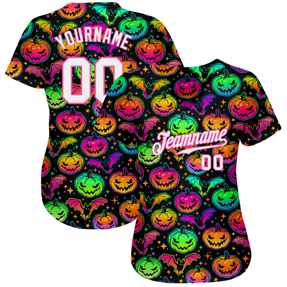 Custom 3D Pattern Bright Multicolored Halloween Pumpkins And Bats Authentic Baseball Jersey view 2