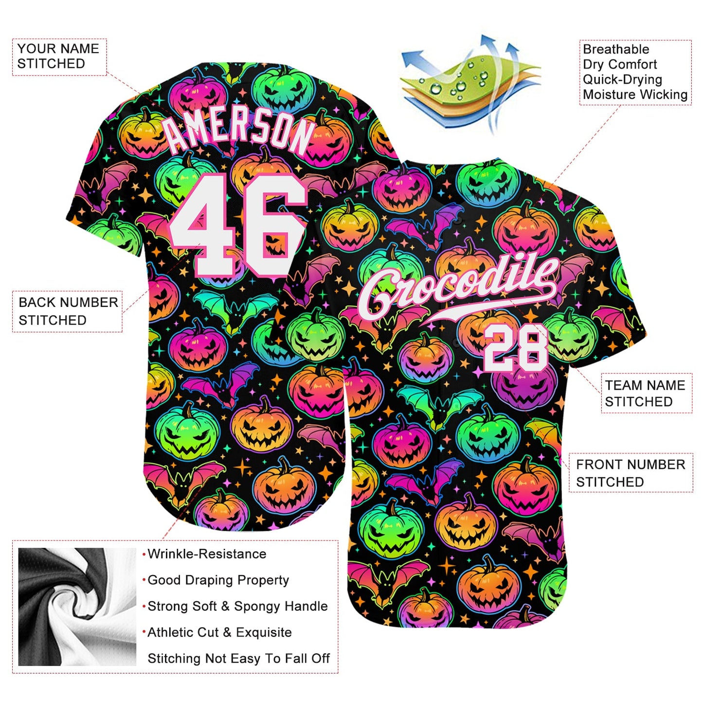 Custom 3D Pattern Bright Multicolored Halloween Pumpkins And Bats Authentic Baseball Jersey view 3