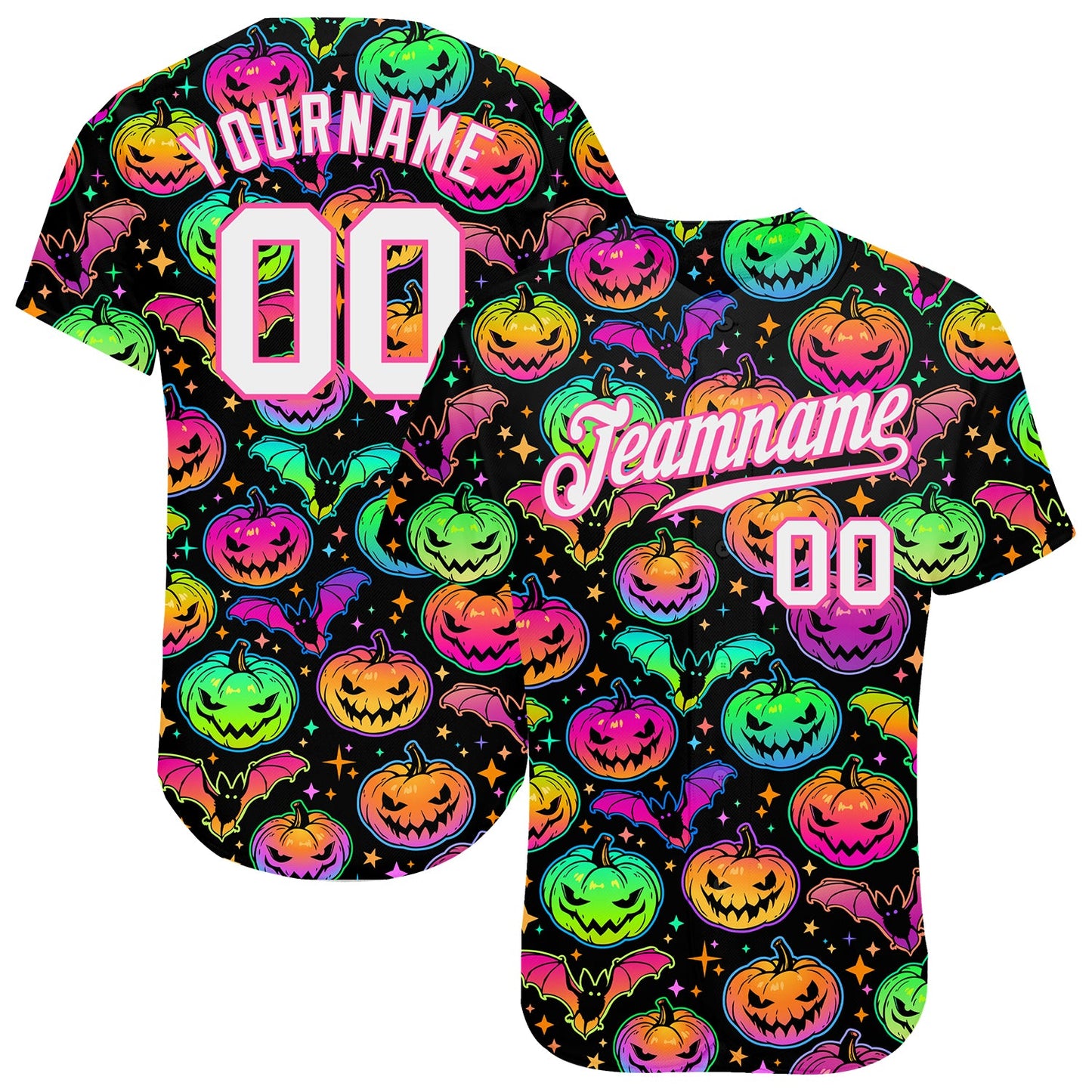 Custom 3D Pattern Bright Multicolored Halloween Pumpkins And Bats Authentic Baseball Jersey - Main View