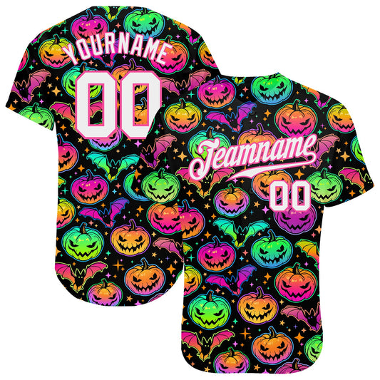 Custom 3D Pattern Bright Multicolored Halloween Pumpkins And Bats Authentic Baseball Jersey - Main View