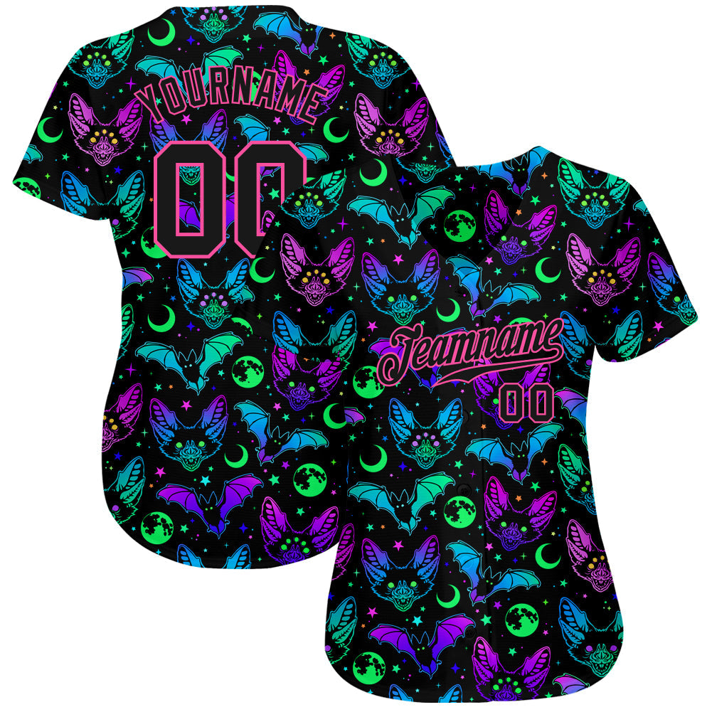 Custom 3D Pattern Bright Multicolored Halloween Bats Authentic Baseball Jersey view 2