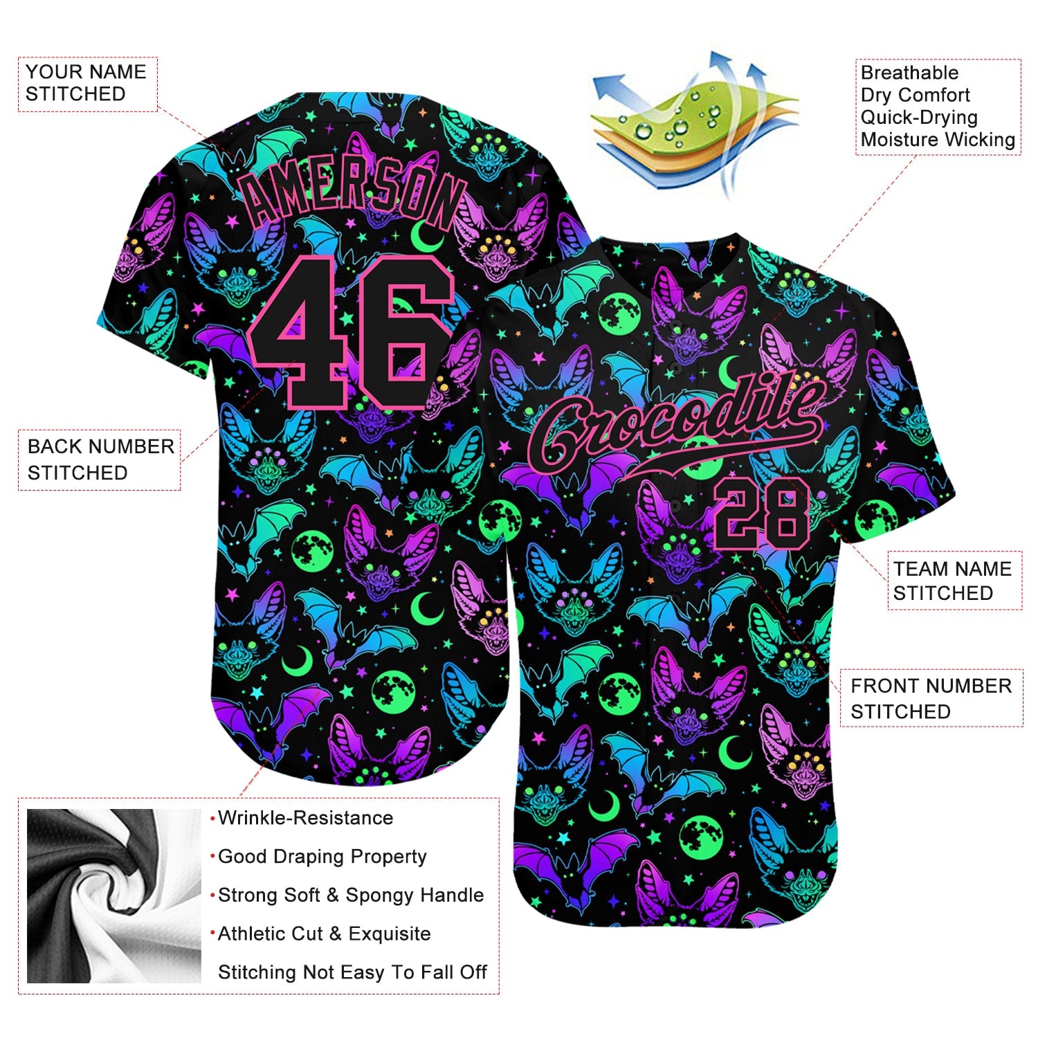 Custom 3D Pattern Bright Multicolored Halloween Bats Authentic Baseball Jersey view 3