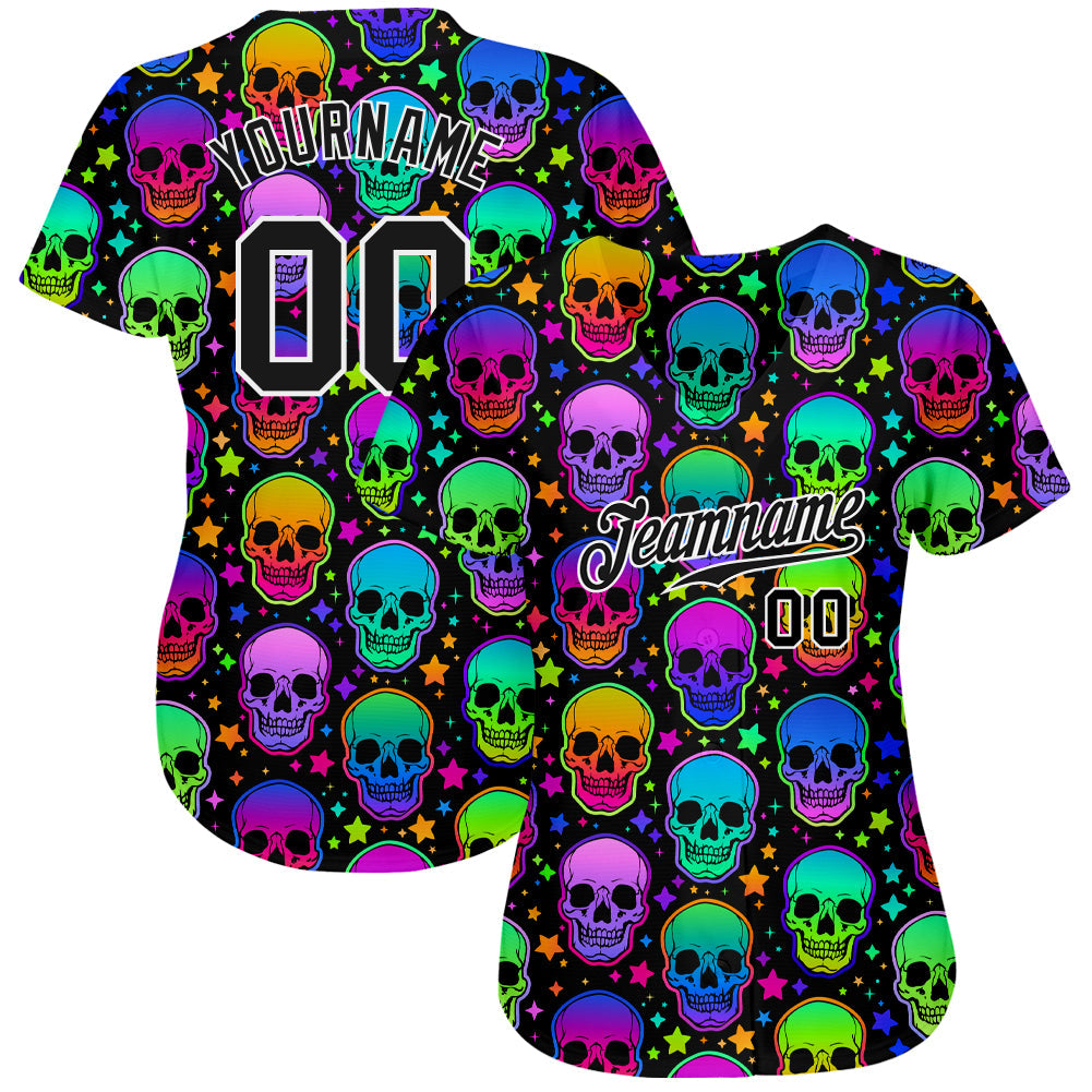 Custom 3D Pattern Bright Multicolored Halloween Skulls Authentic Baseball Jersey view 2