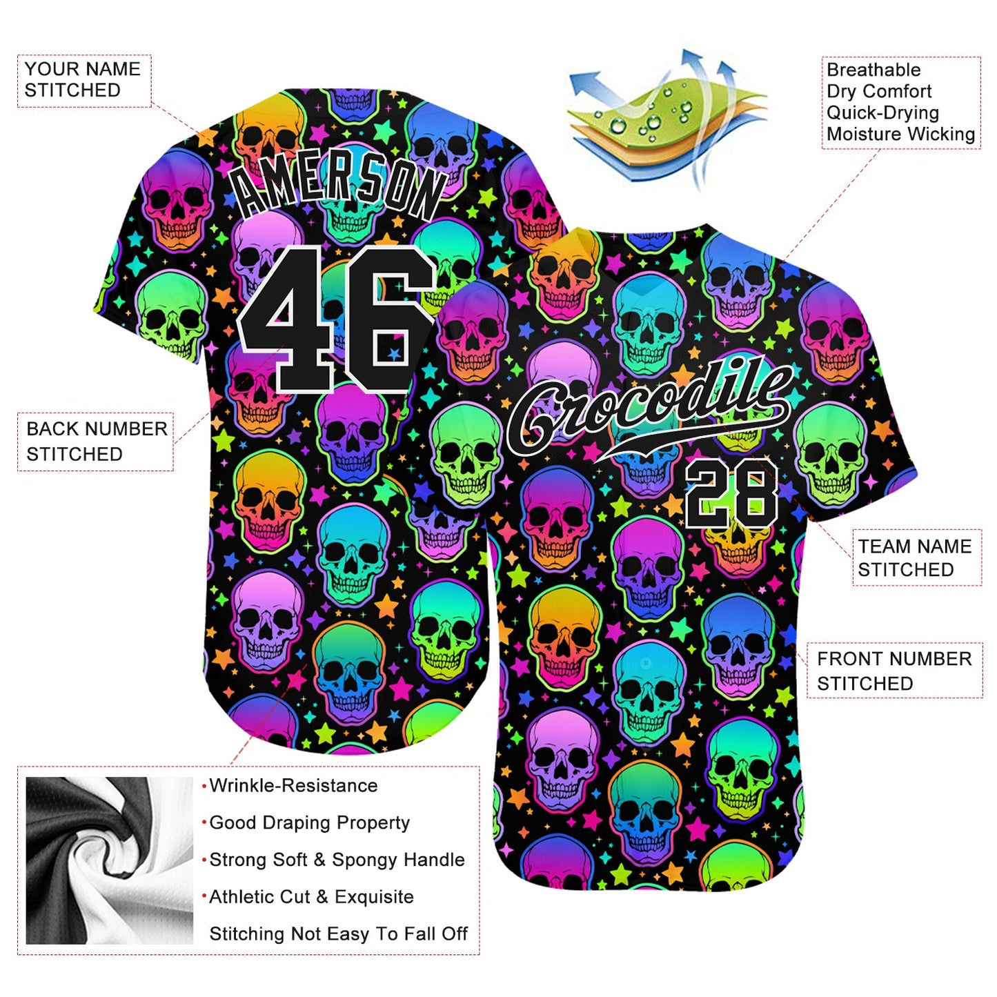 Custom 3D Pattern Bright Multicolored Halloween Skulls Authentic Baseball Jersey view 3