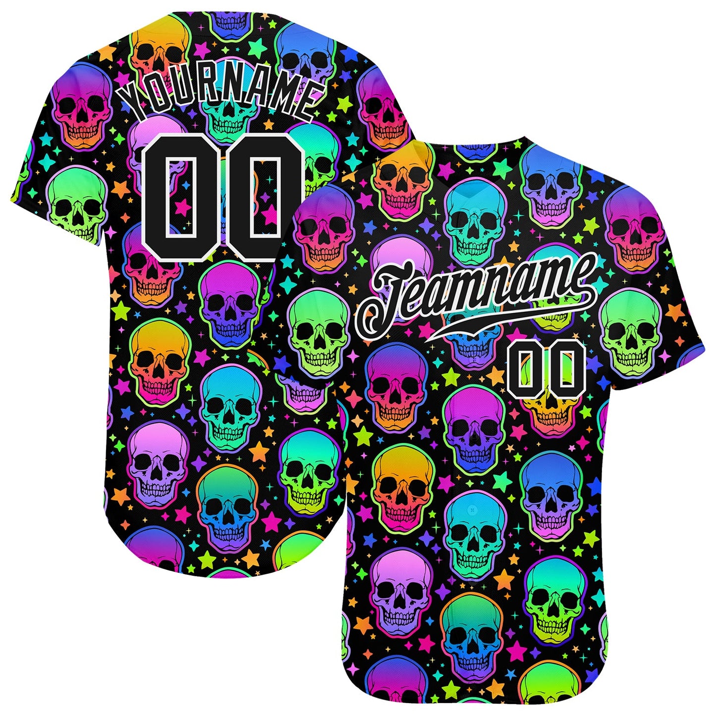 Custom 3D Pattern Bright Multicolored Halloween Skulls Authentic Baseball Jersey - Main View