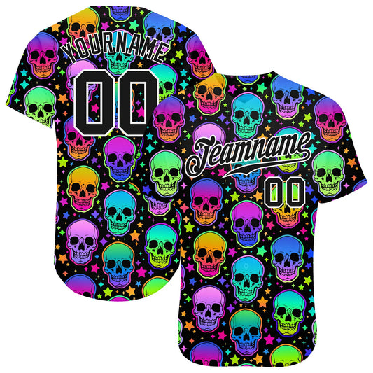 Custom 3D Pattern Bright Multicolored Halloween Skulls Authentic Baseball Jersey - Main View