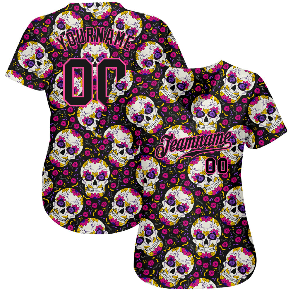 Custom 3D Pattern Halloween Skulls With Floral Authentic Baseball Jersey view 2