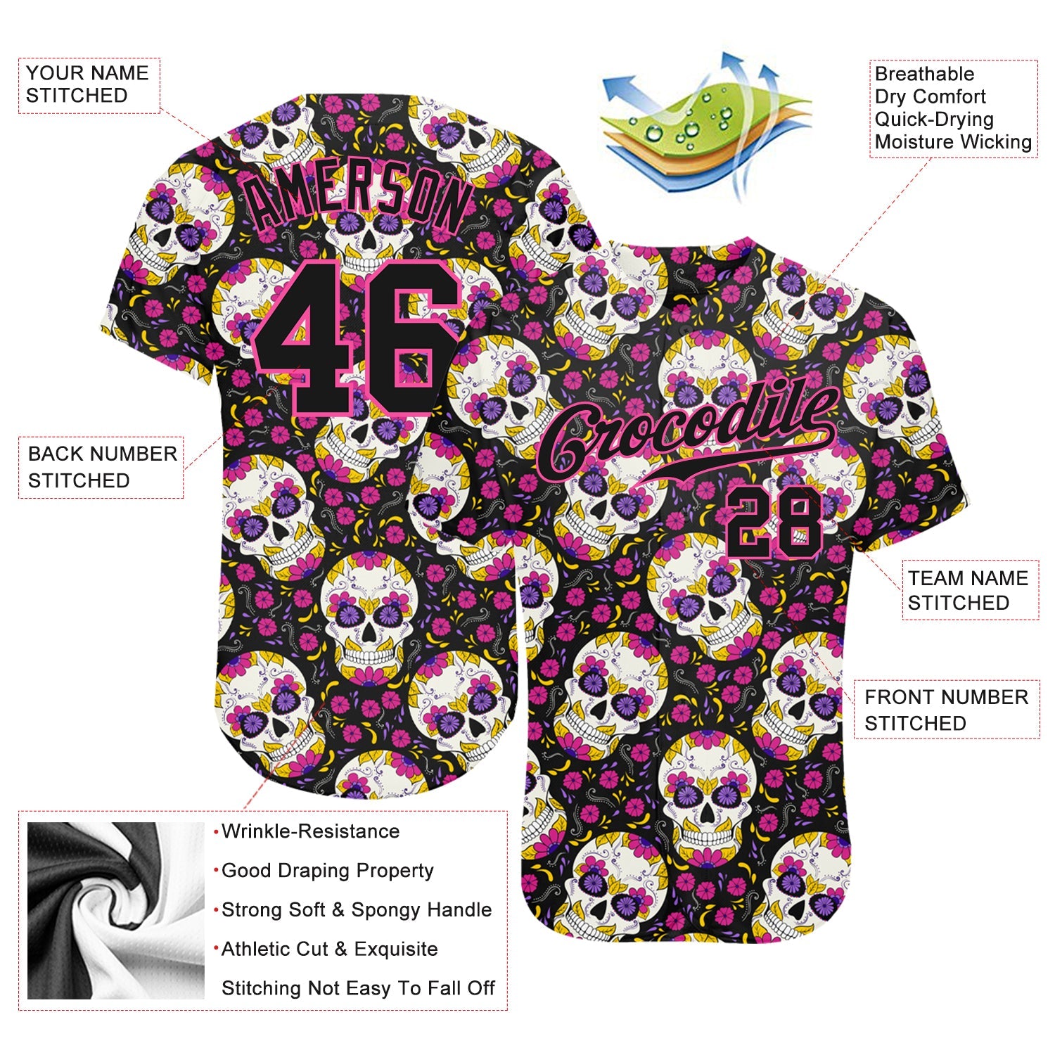 Custom 3D Pattern Halloween Skulls With Floral Authentic Baseball Jersey view 3