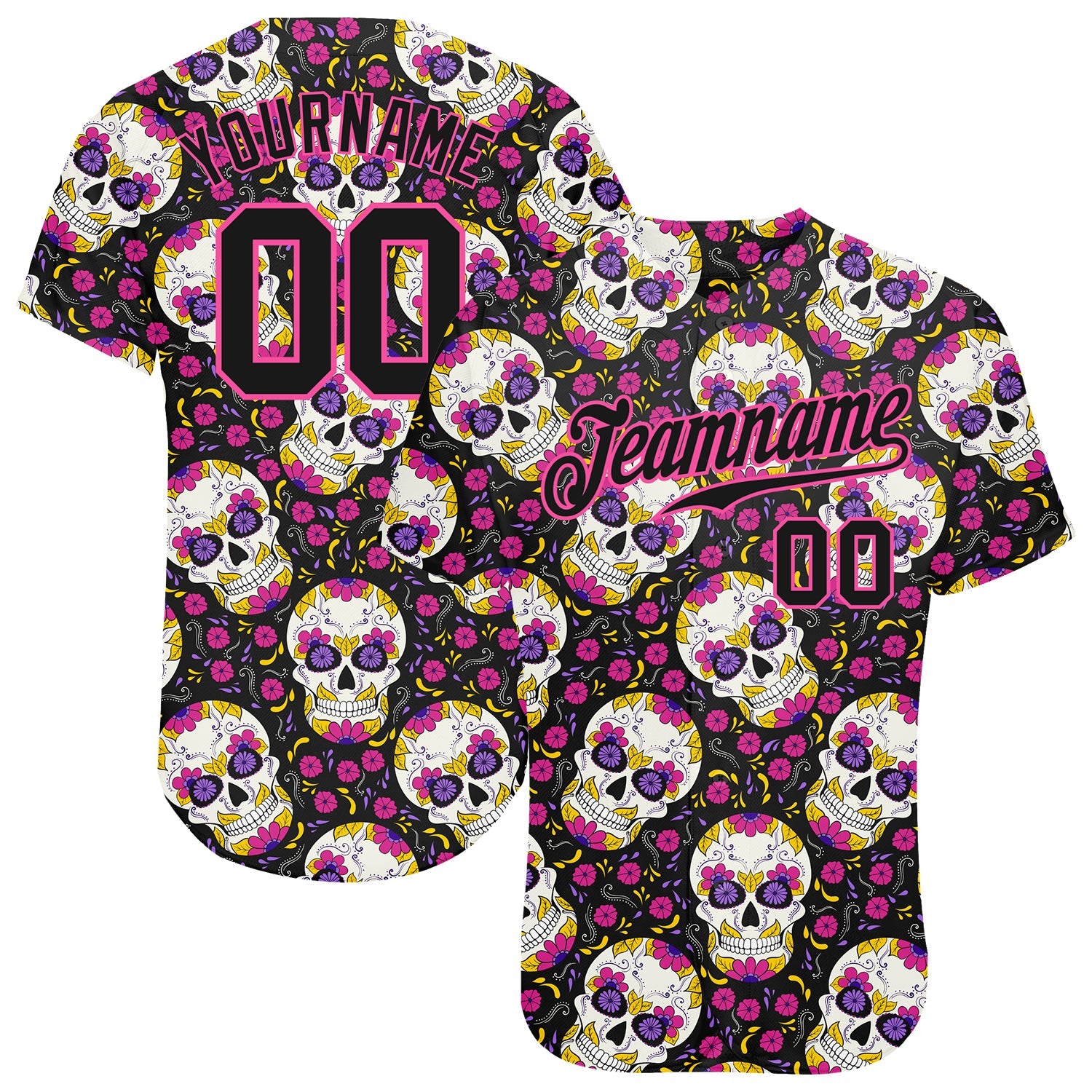 Custom 3D Pattern Halloween Skulls With Floral Authentic Baseball Jersey - Main View