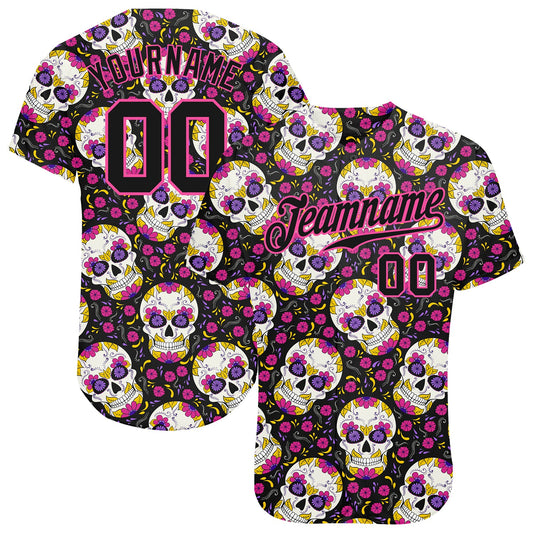 Custom 3D Pattern Halloween Skulls With Floral Authentic Baseball Jersey - Main View