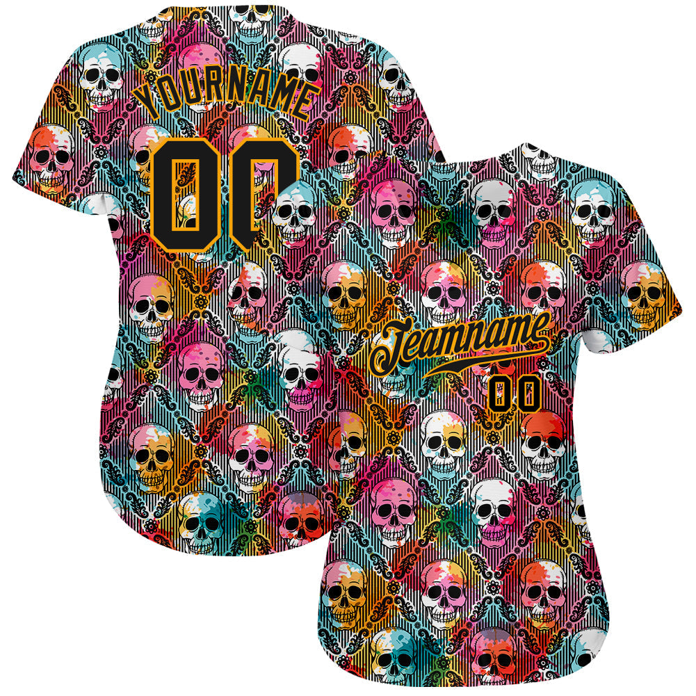 Custom 3D Pattern Halloween Skulls Authentic Baseball Jersey view 2