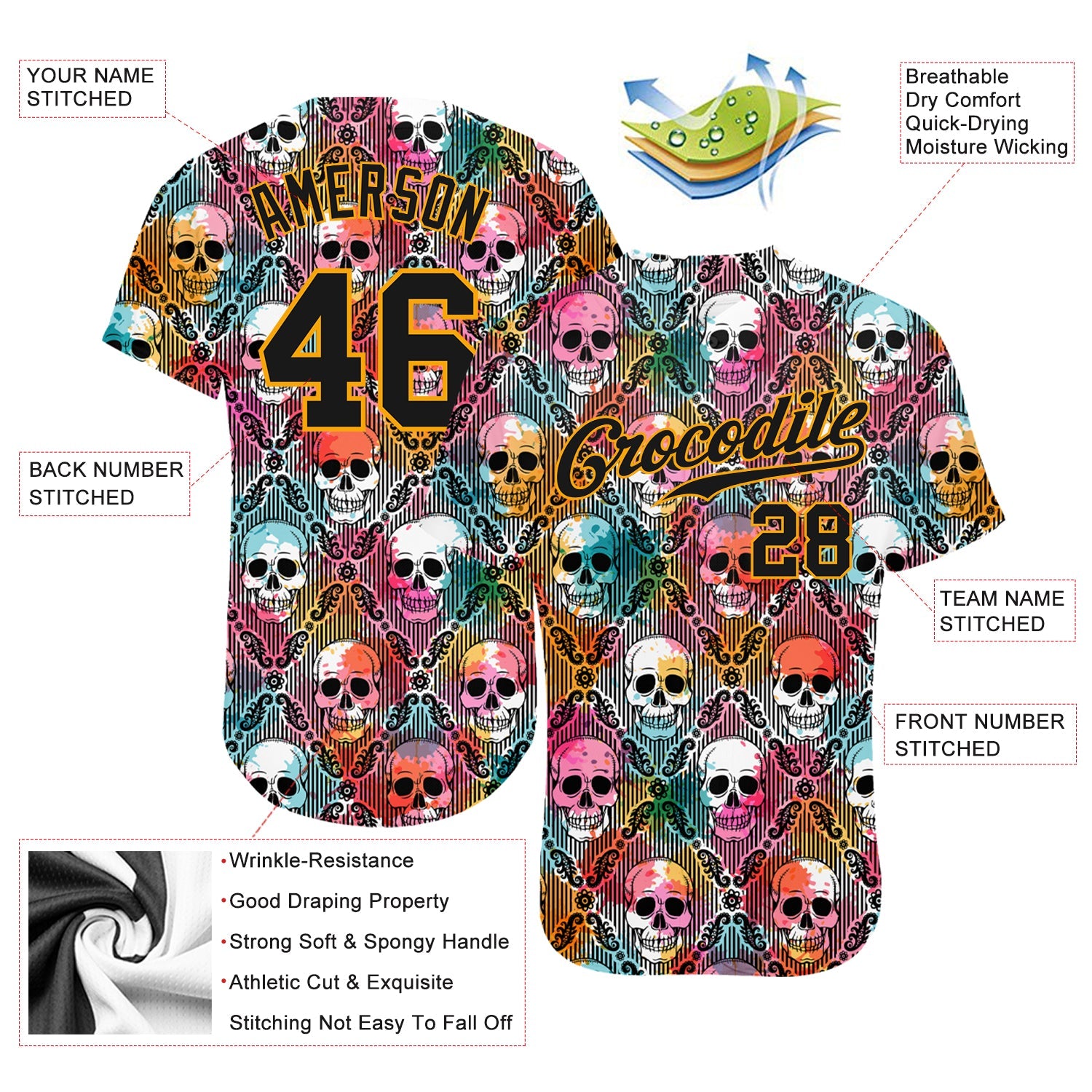 Custom 3D Pattern Halloween Skulls Authentic Baseball Jersey view 3