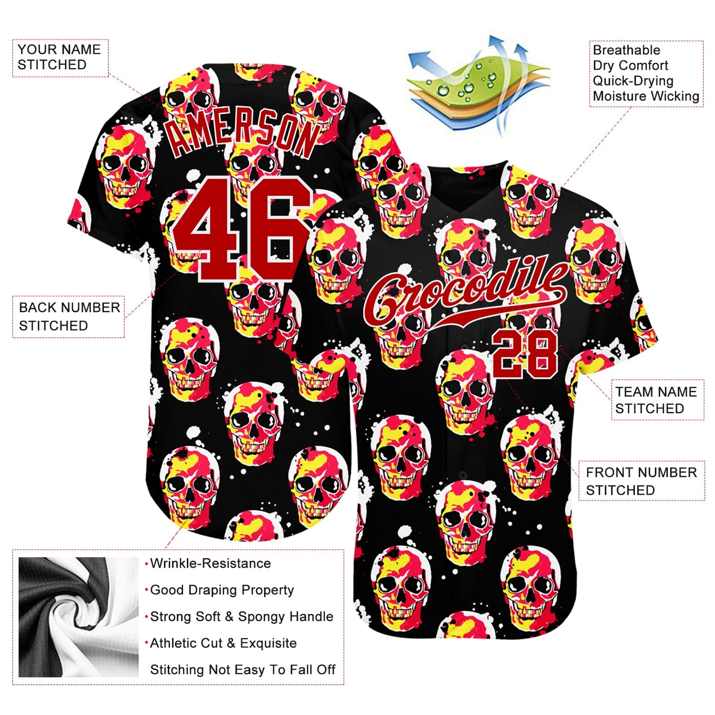 Custom 3D Pattern Halloween Skulls Authentic Baseball Jersey view 3
