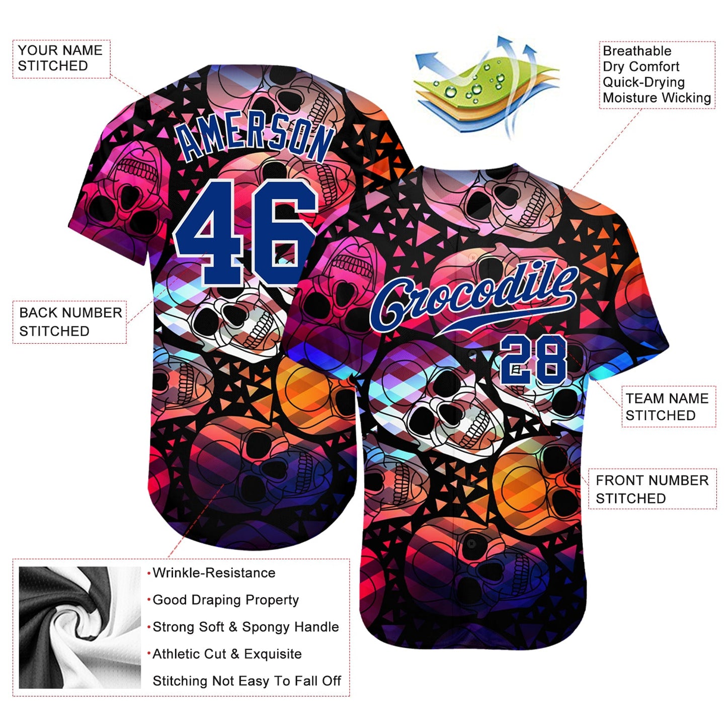 Custom 3D Pattern Halloween Skulls Authentic Baseball Jersey view 3