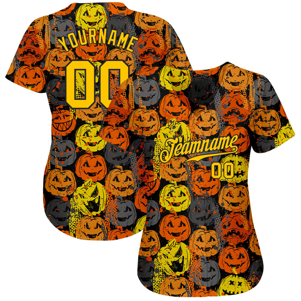 Custom 3D Pattern Halloween Pumpkins Authentic Baseball Jersey view 2