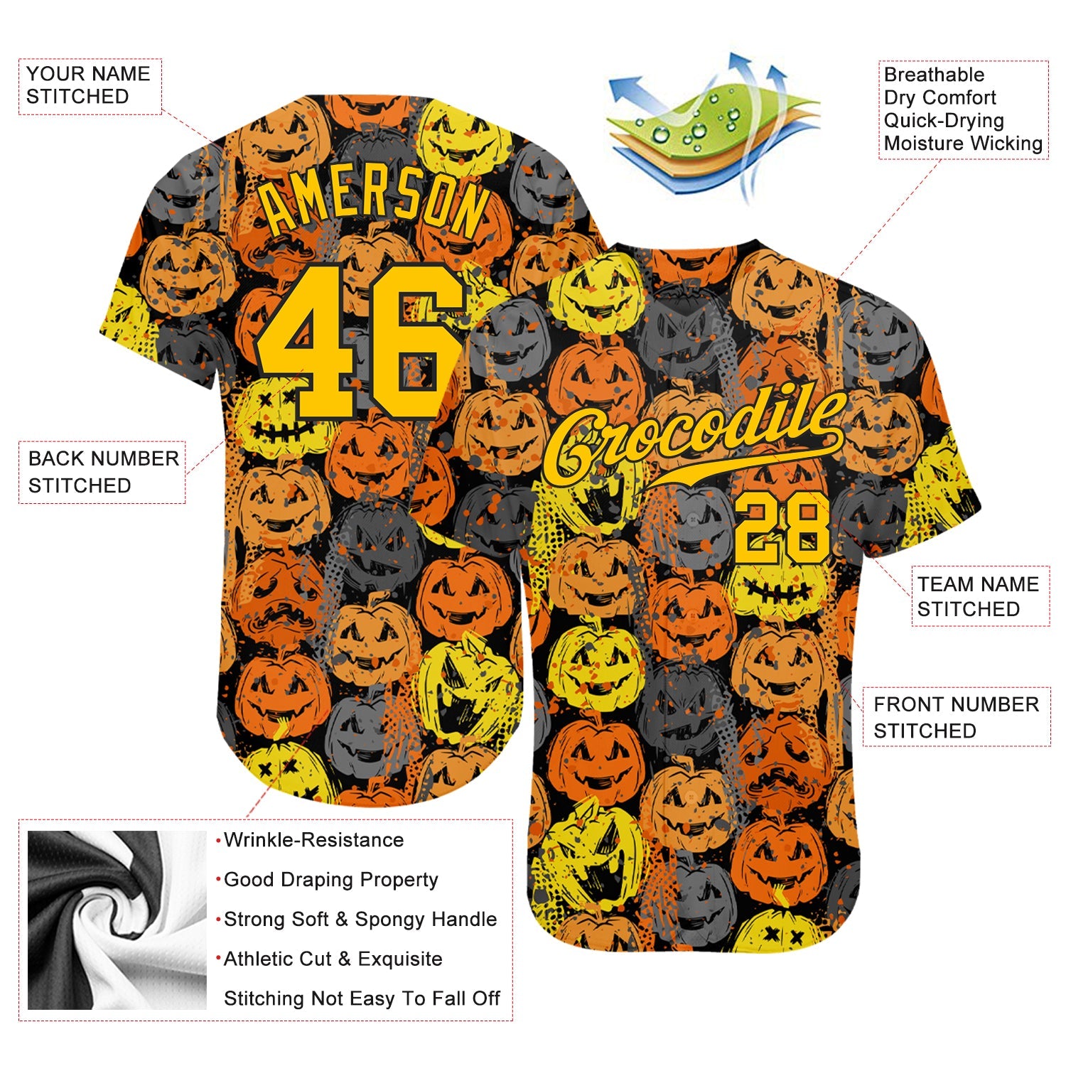 Custom 3D Pattern Halloween Pumpkins Authentic Baseball Jersey view 3