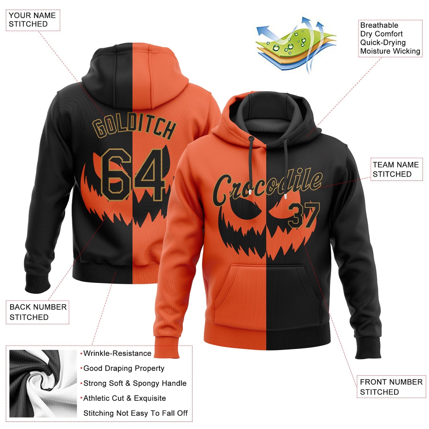 Custom Stitched Orange Black-Old Gold 3D Pattern Scary Faces Of Halloween Pumpkin Sports Pullover Sweatshirt Salute To Service Hoodie view 2