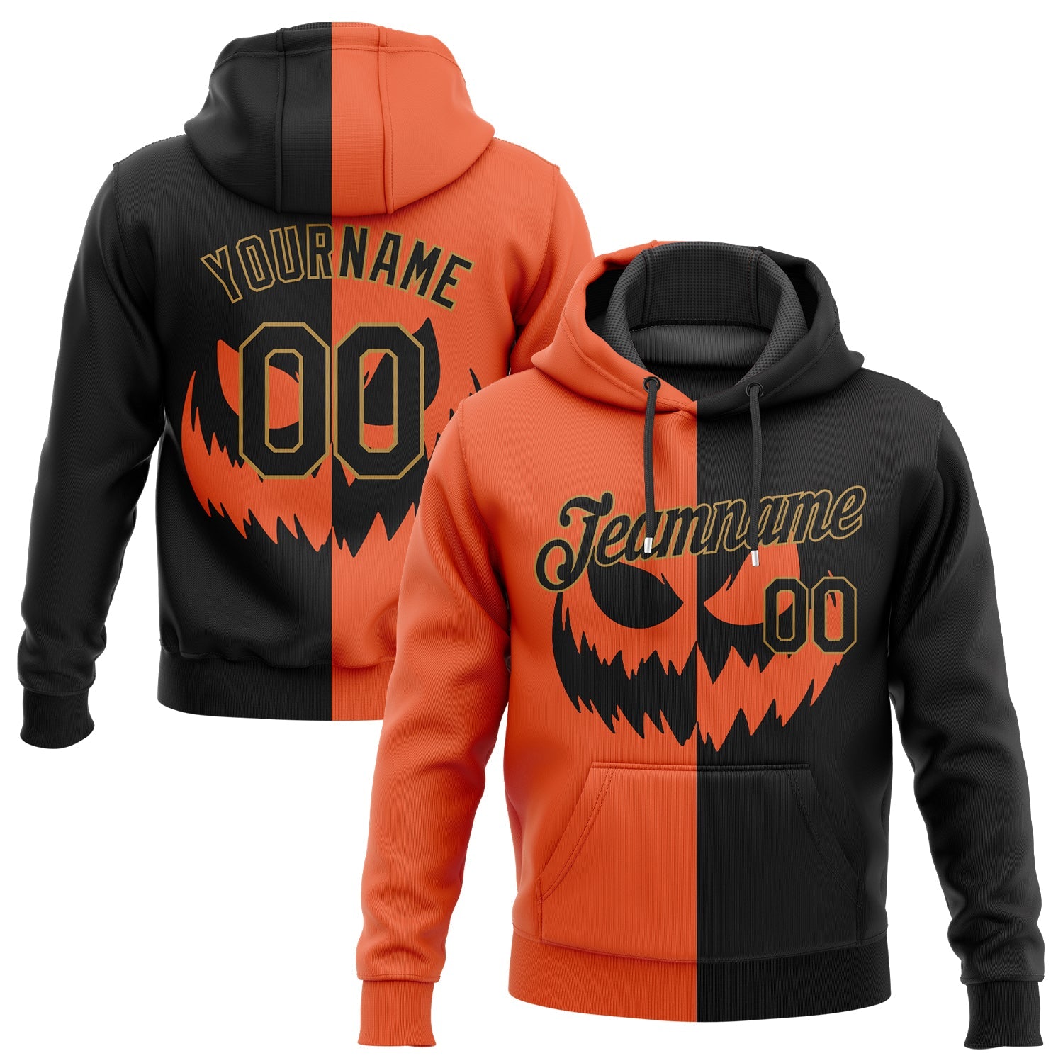 Custom Stitched Orange Black-Old Gold 3D Pattern Scary Faces Of Halloween Pumpkin Sports Pullover Sweatshirt Salute To Service Hoodie - Main View