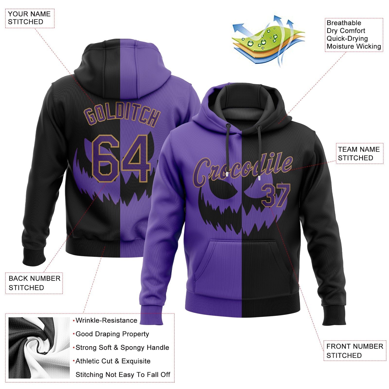 Custom Stitched Black Purple-Old Gold 3D Pattern Scary Faces Of Halloween Pumpkin Sports Pullover Sweatshirt Salute To Service Hoodie view 2