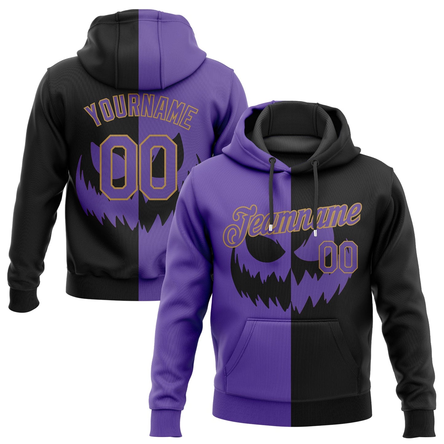 Custom Stitched Black Purple-Old Gold 3D Pattern Scary Faces Of Halloween Pumpkin Sports Pullover Sweatshirt Salute To Service Hoodie - Main View