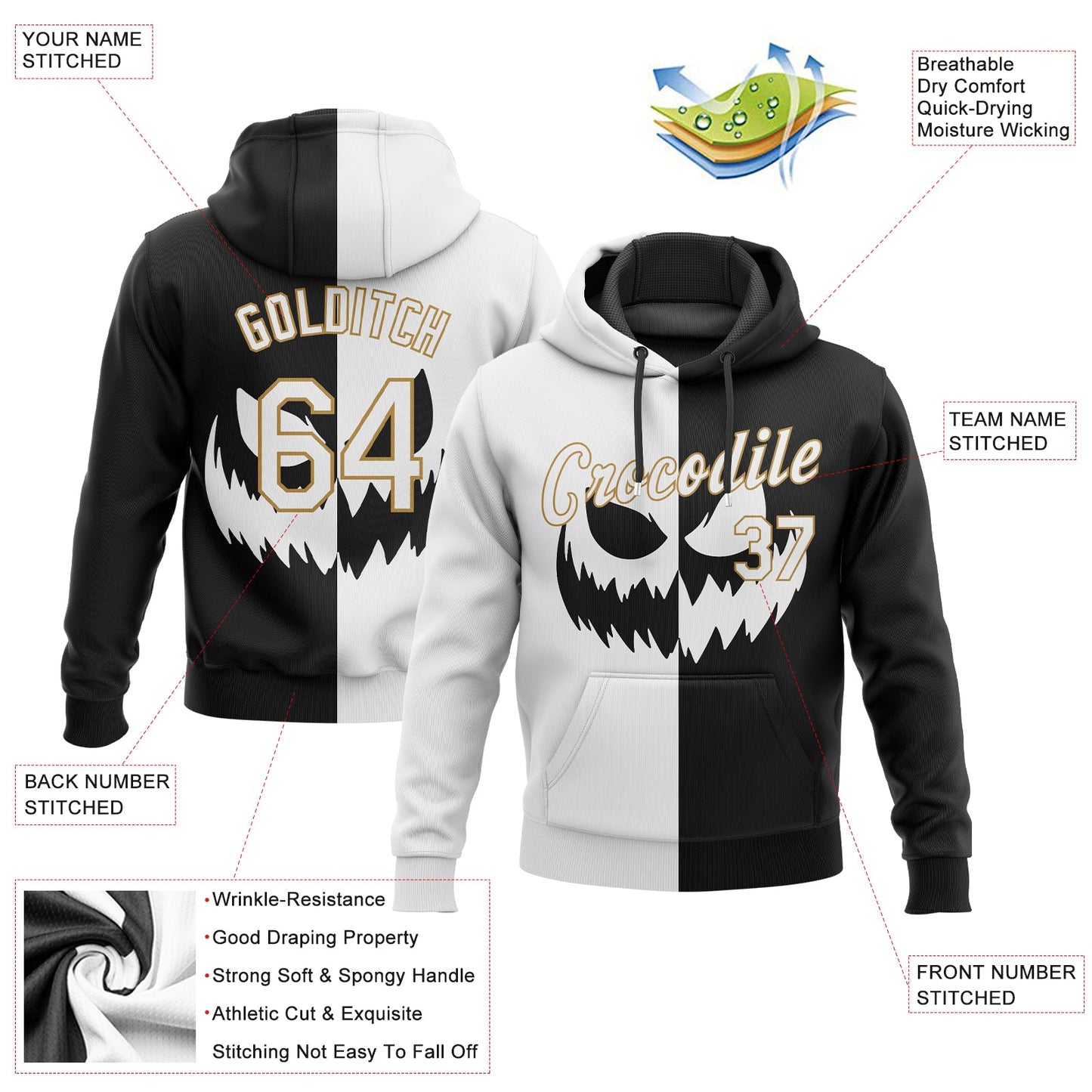 Custom Stitched Black White-Old Gold 3D Pattern Scary Faces Of Halloween Pumpkin Sports Pullover Sweatshirt Salute To Service Hoodie view 2