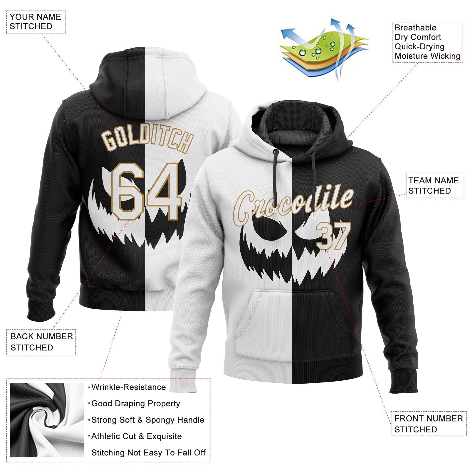 Custom Stitched Black White-Old Gold 3D Pattern Scary Faces Of Halloween Pumpkin Sports Pullover Sweatshirt Salute To Service Hoodie view 2