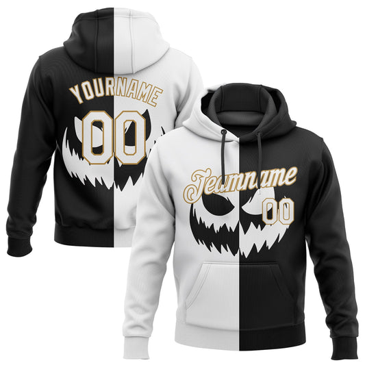 Custom Stitched Black White-Old Gold 3D Pattern Scary Faces Of Halloween Pumpkin Sports Pullover Sweatshirt Salute To Service Hoodie - Main View